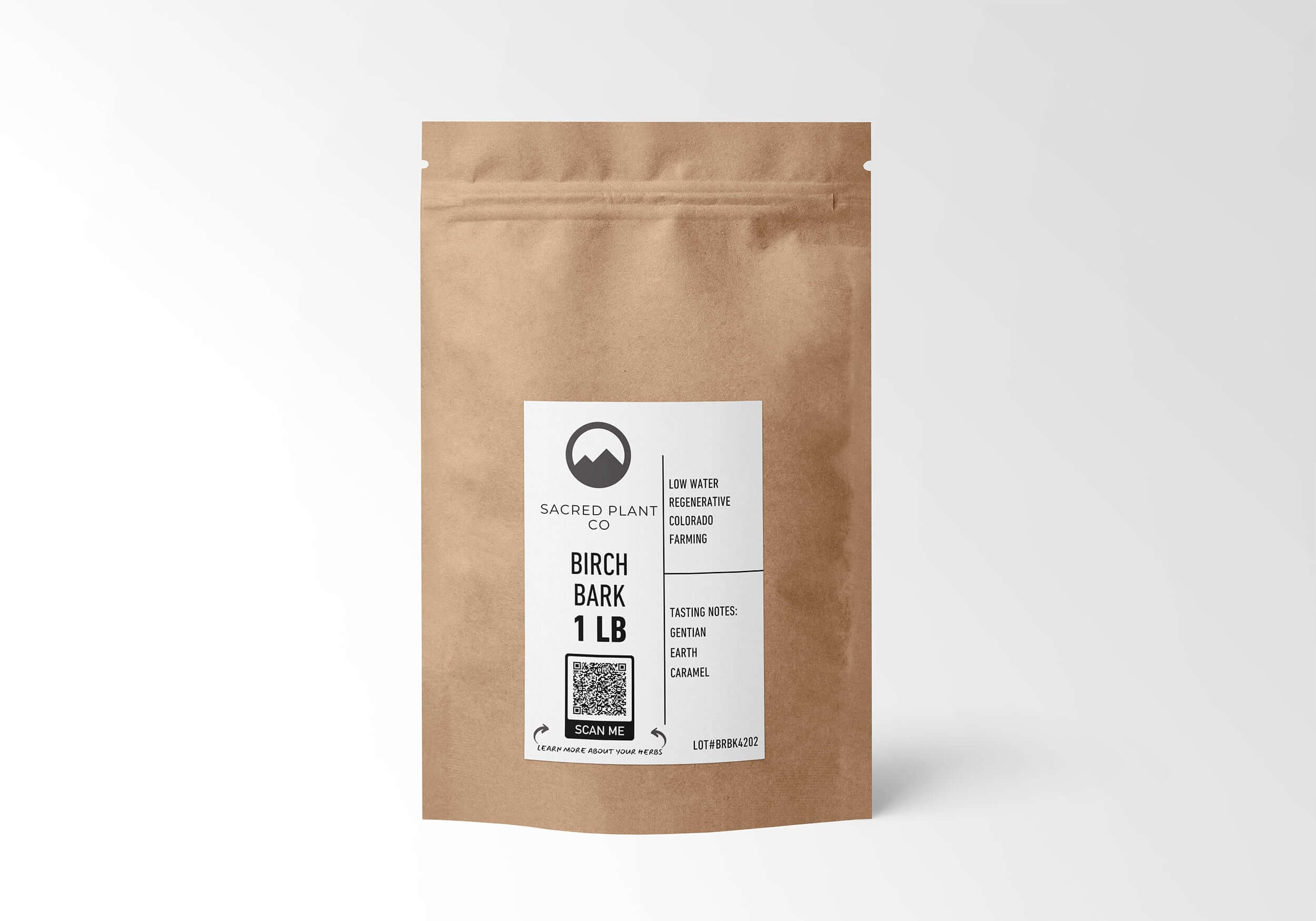 Sacred Plant Co Birch Bark 1 LB in kraft packaging, sustainably grown, high quality, used in teas and wellness applications, with tasting notes of Gentian, Earth, and Caramel, promoting sustainability.