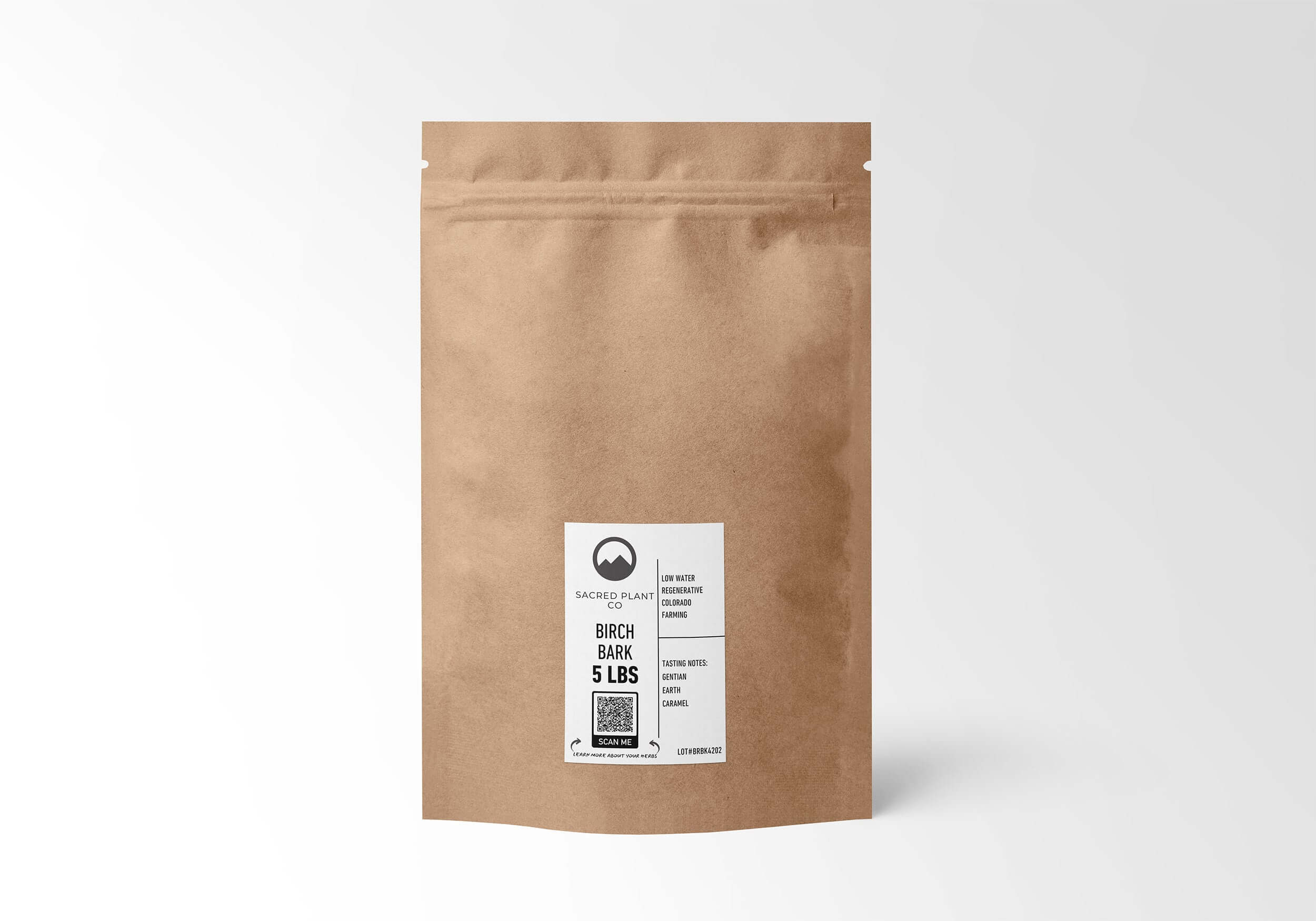 Sacred Plant Co Birch Bark 5 LBS in kraft packaging, sustainably sourced, premium quality, ideal for teas and tinctures, with tasting notes of Gentian, Earth, and Caramel, emphasizing sustainability.