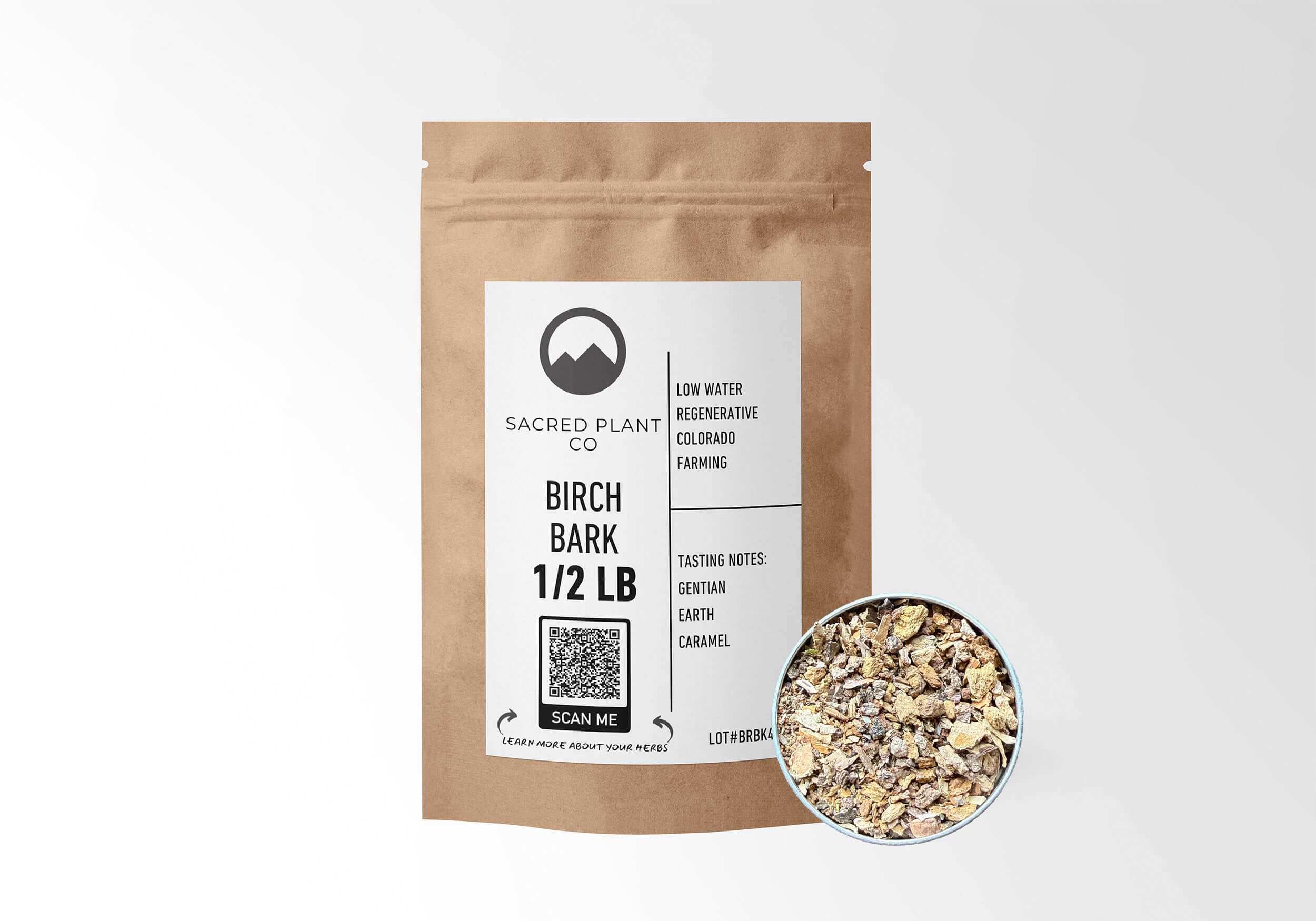 Sacred Plant Co Birch Bark 1/2 LB in eco-friendly kraft paper packaging, sample in a silver tin, traditionally used for promoting skin health and as a natural astringent.