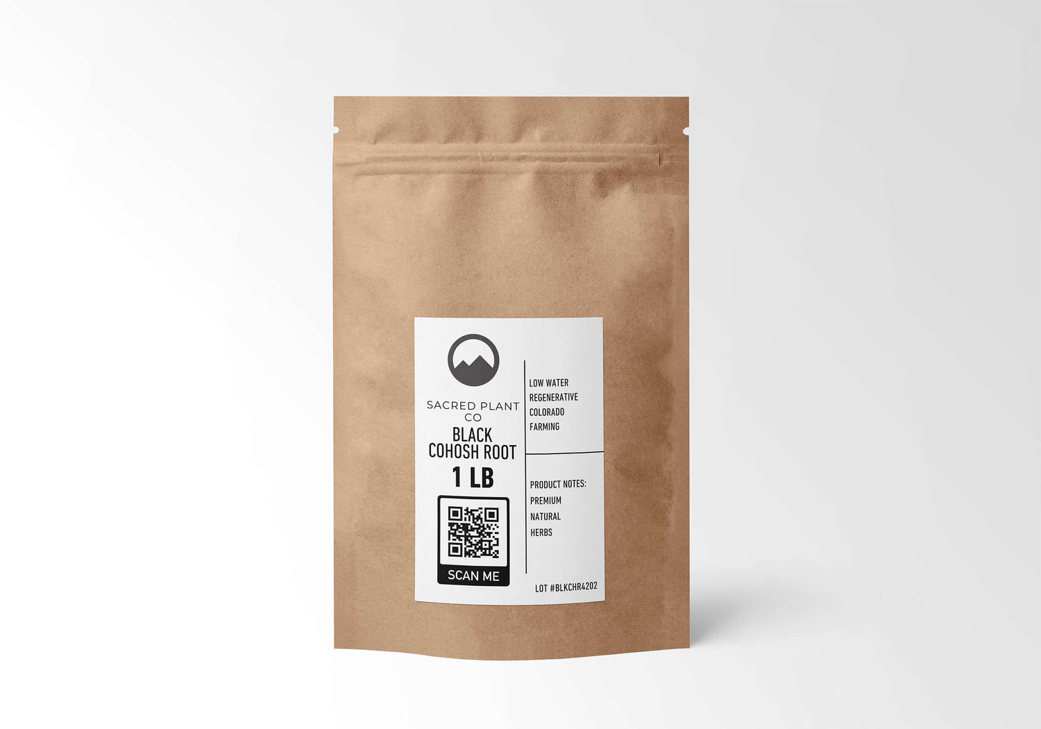 Sustainable 1 LB bag of Black Cohosh Root from Sacred Plant Co, featuring premium, naturally grown herbs. Eco-friendly packaging, sourced through regenerative Colorado farming practices.