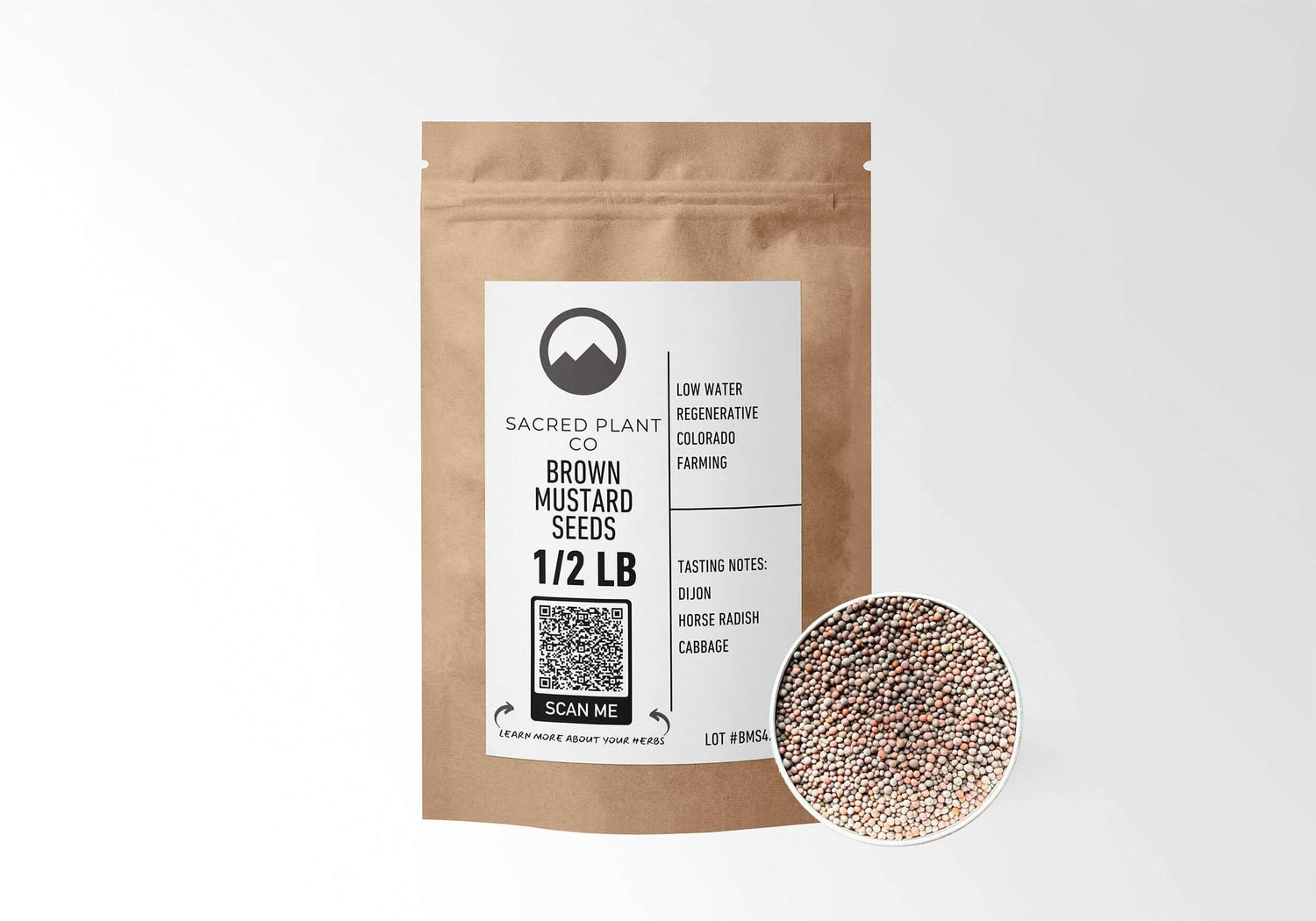 Sacred Plant Co Brown Mustard Seeds 1/2 LB in eco-friendly kraft paper packaging, sample in a silver tin, traditionally used for digestive health and culinary flavoring.