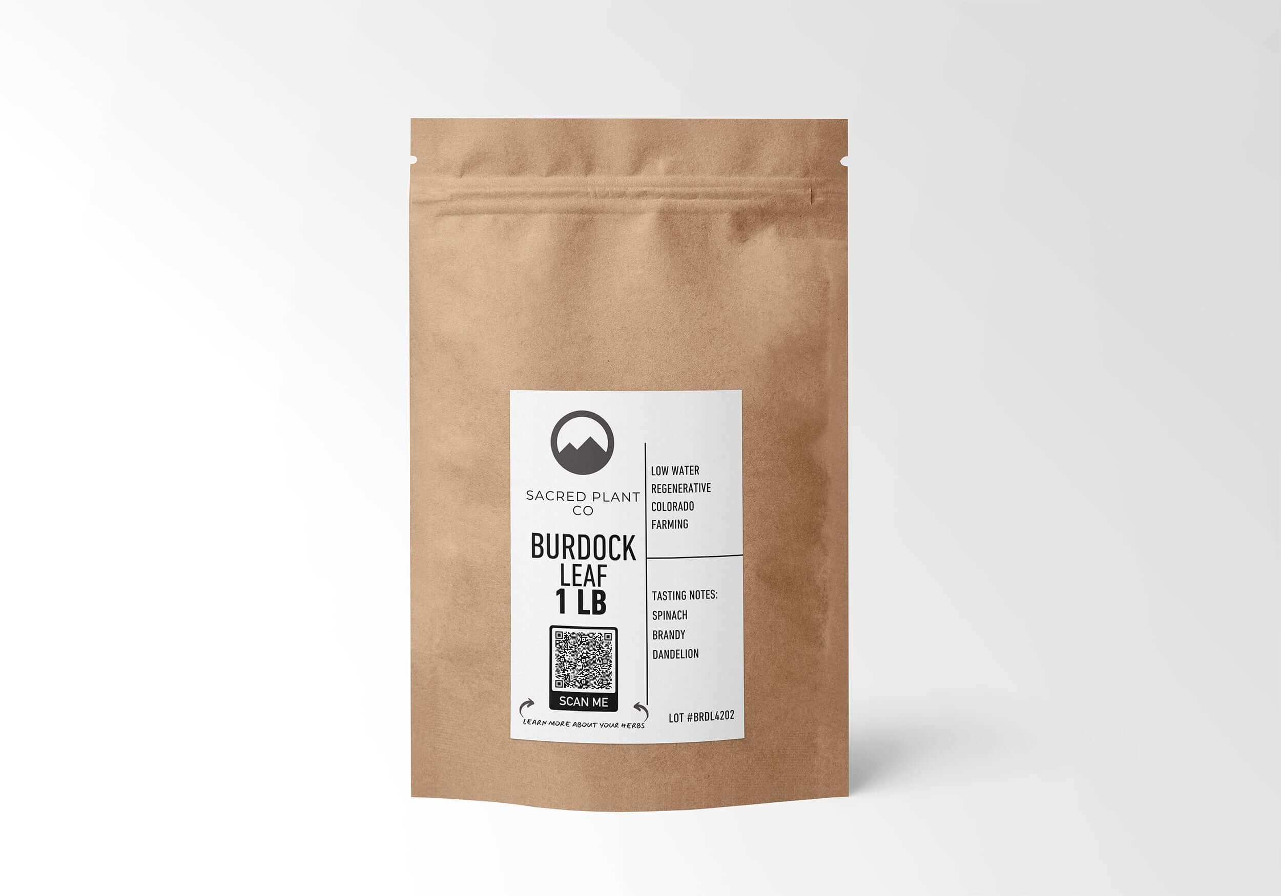 Sacred Plant Co’s Burdock Root 1 LB in biodegradable kraft bag, offering premium quality for holistic health solutions.