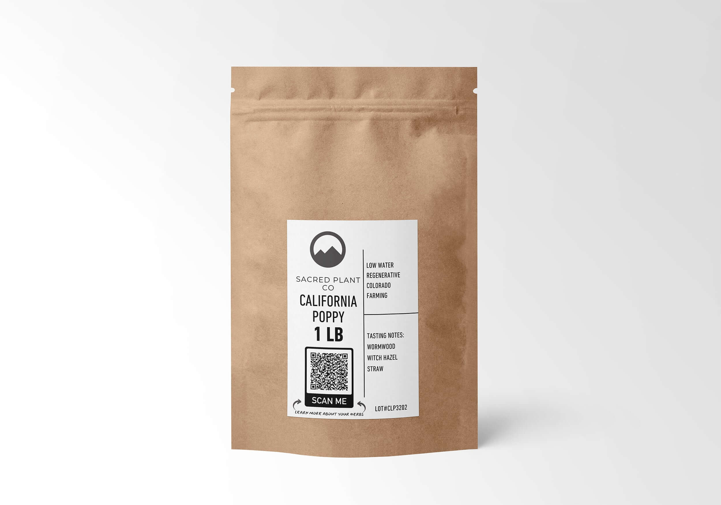 1 LB of California Poppy in eco-friendly packaging from Sacred Plant Co, featuring low-water regenerative Colorado farming; herbal notes of Wormwood, Witch Hazel, and Straw, known for its calming properties and support for restful sleep.