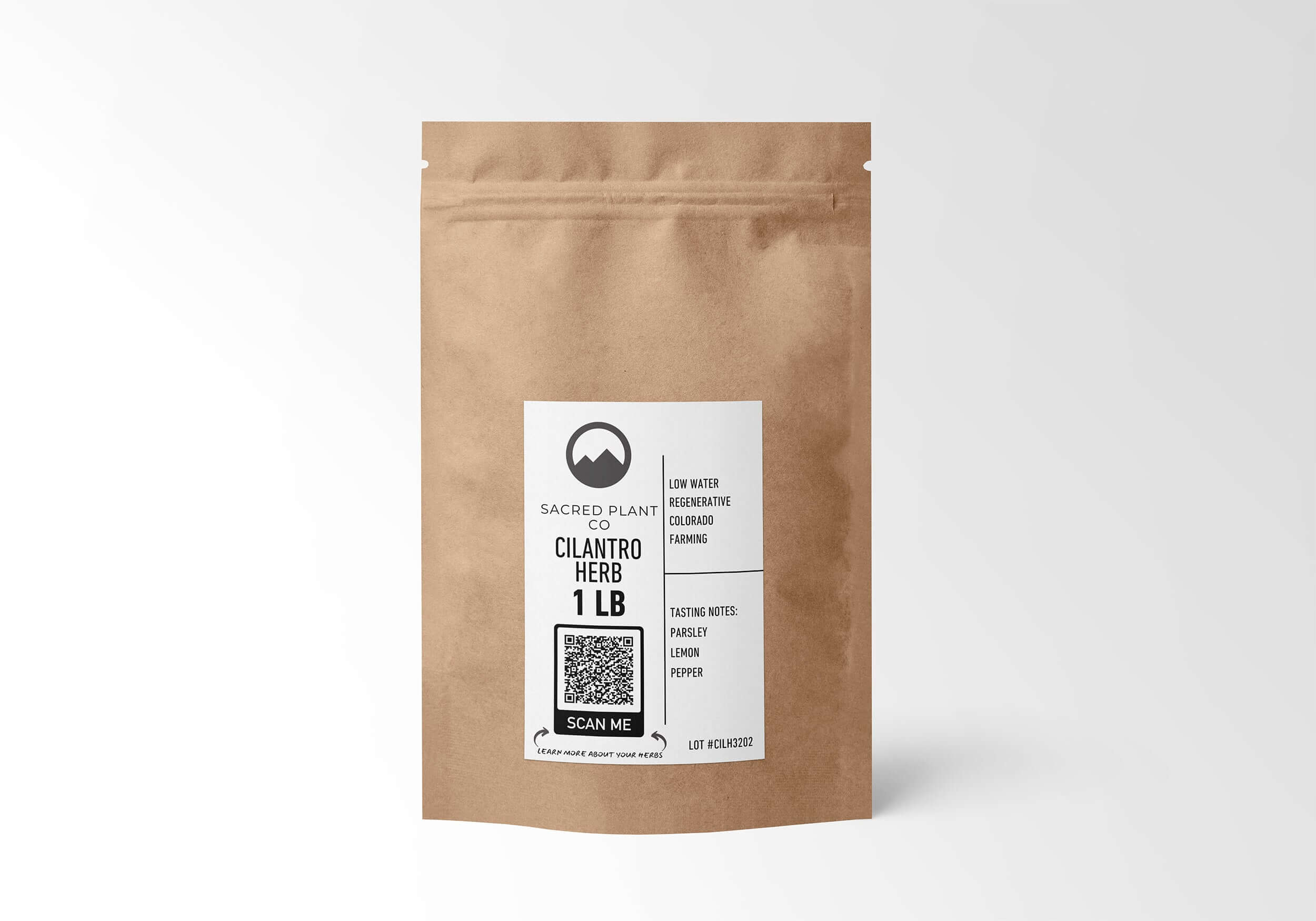 1 LB bag of Sacred Plant Co Cilantro Herb in eco-friendly kraft paper packaging, sourced from regenerative farming, perfect for culinary uses like seasoning and garnishing dishes.