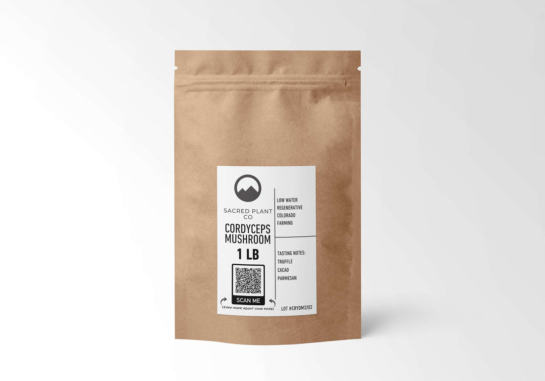 Sacred Plant Co Cordyceps Mushroom Powder 1 LB kraft paper bag, highlighting herb quality, eco-friendly packaging, and sustainable Colorado farming; common use includes immune support and vitality enhancement.