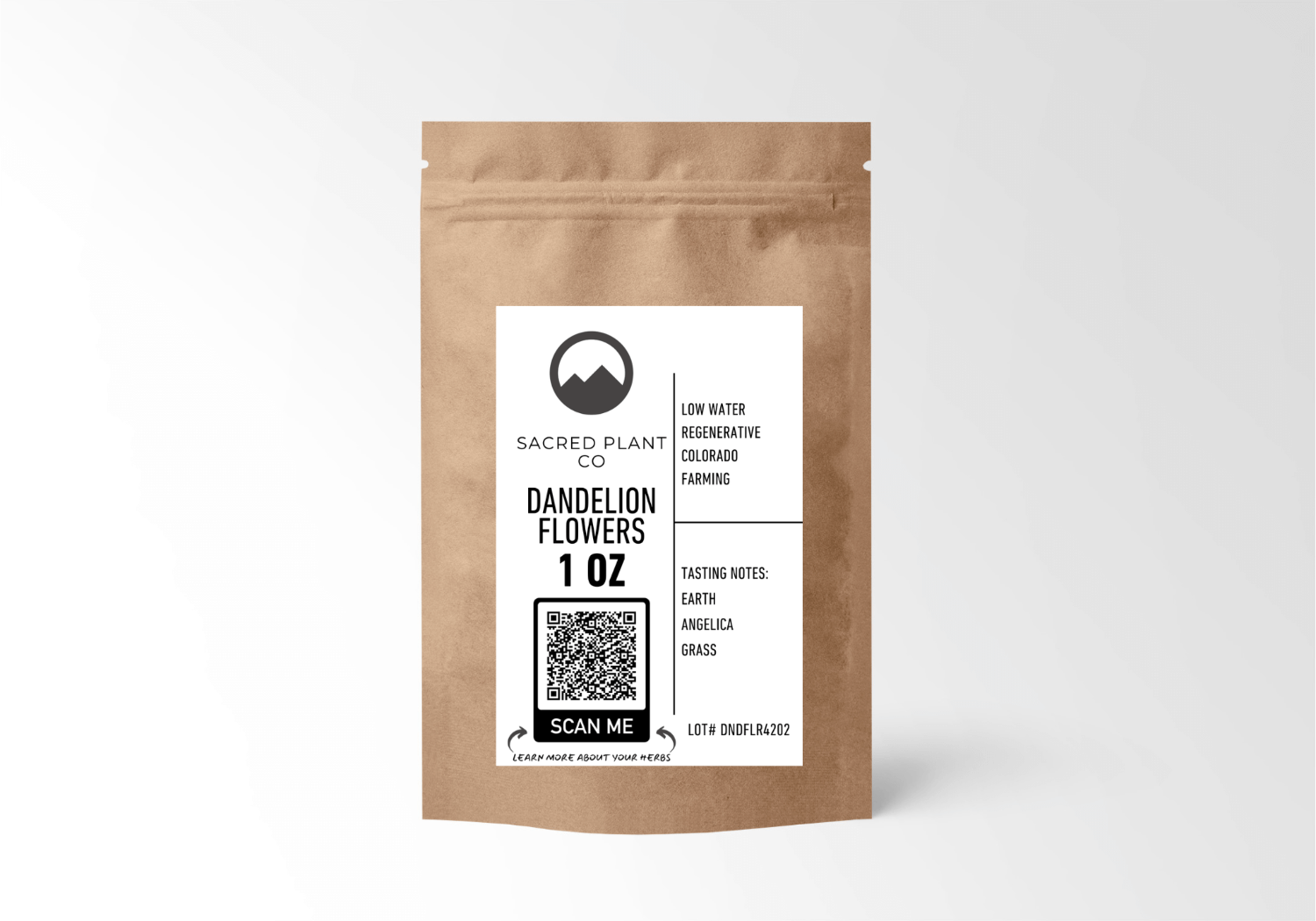 Eco-friendly brown paper pouch labeled “Dandelion Flowers 1 oz” from Sacred Plant Co, highlighting regenerative Colorado farming.