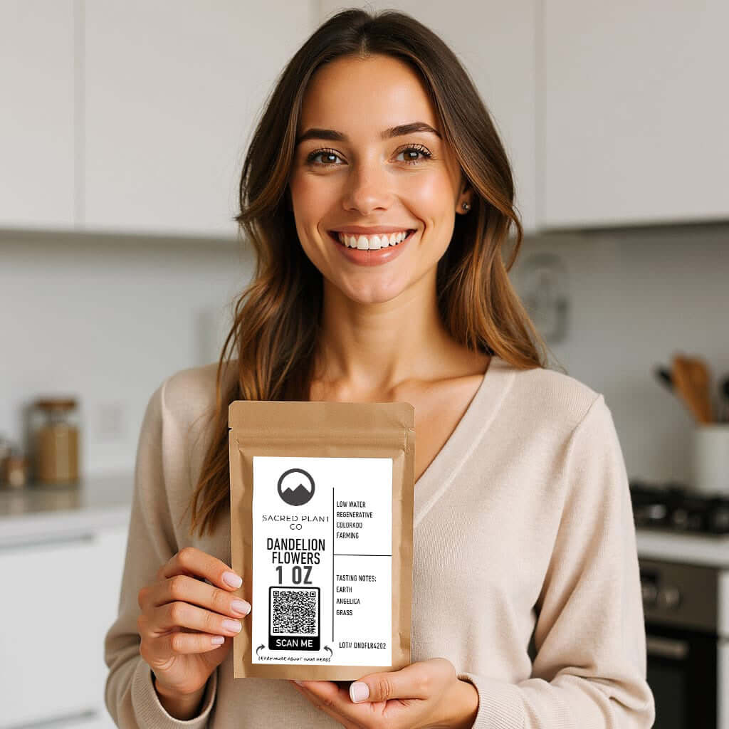 Smiling woman in a modern kitchen holding a 1 oz pouch of Sacred Plant Co Dandelion Flowers with regenerative farming label and QR code.