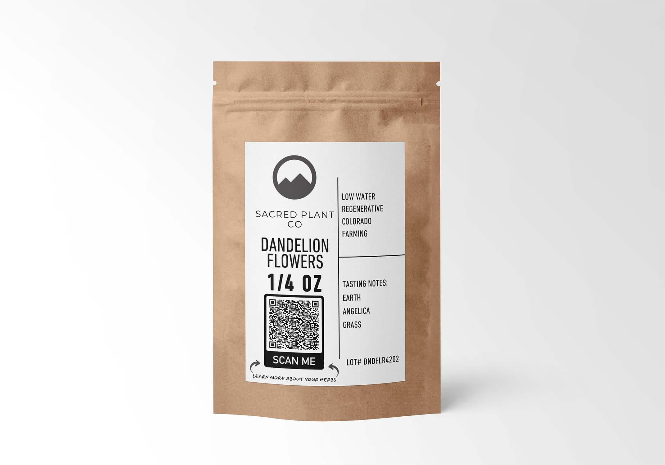 Front view of a kraft paper pouch labeled “Dandelion Flowers 1/4 oz” from Sacred Plant Co, highlighting regenerative Colorado farming and tasting notes of earth, angelica, and grass. Includes QR code for more information and clean, minimalist design.