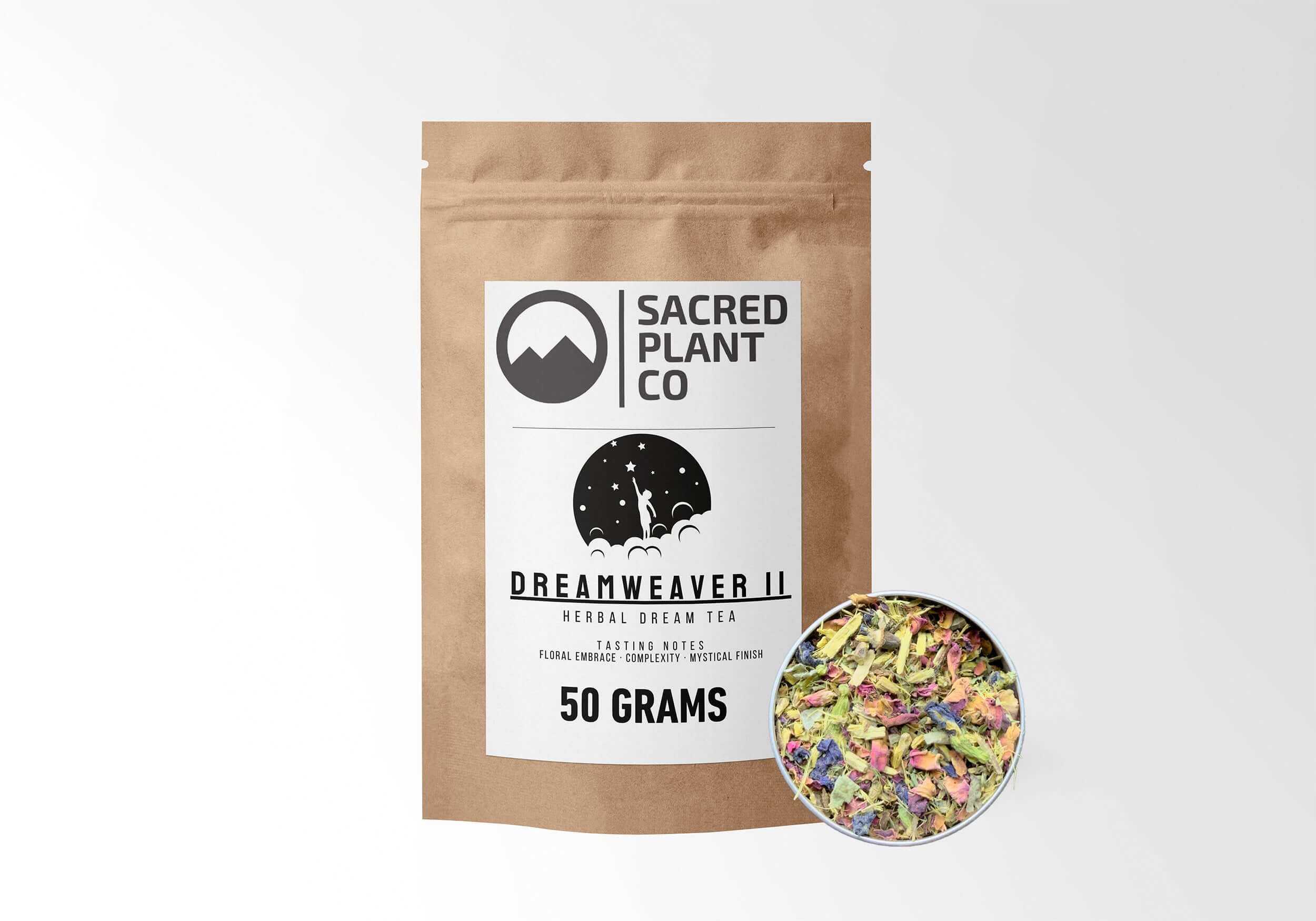 Dreamweaver II Herbal Dream Tea, 50 grams in eco-friendly kraft packaging by Sacred Plant Co, showcasing a sample in a silver tin, vibrant loose leaf herbs for natural dream enhancement.