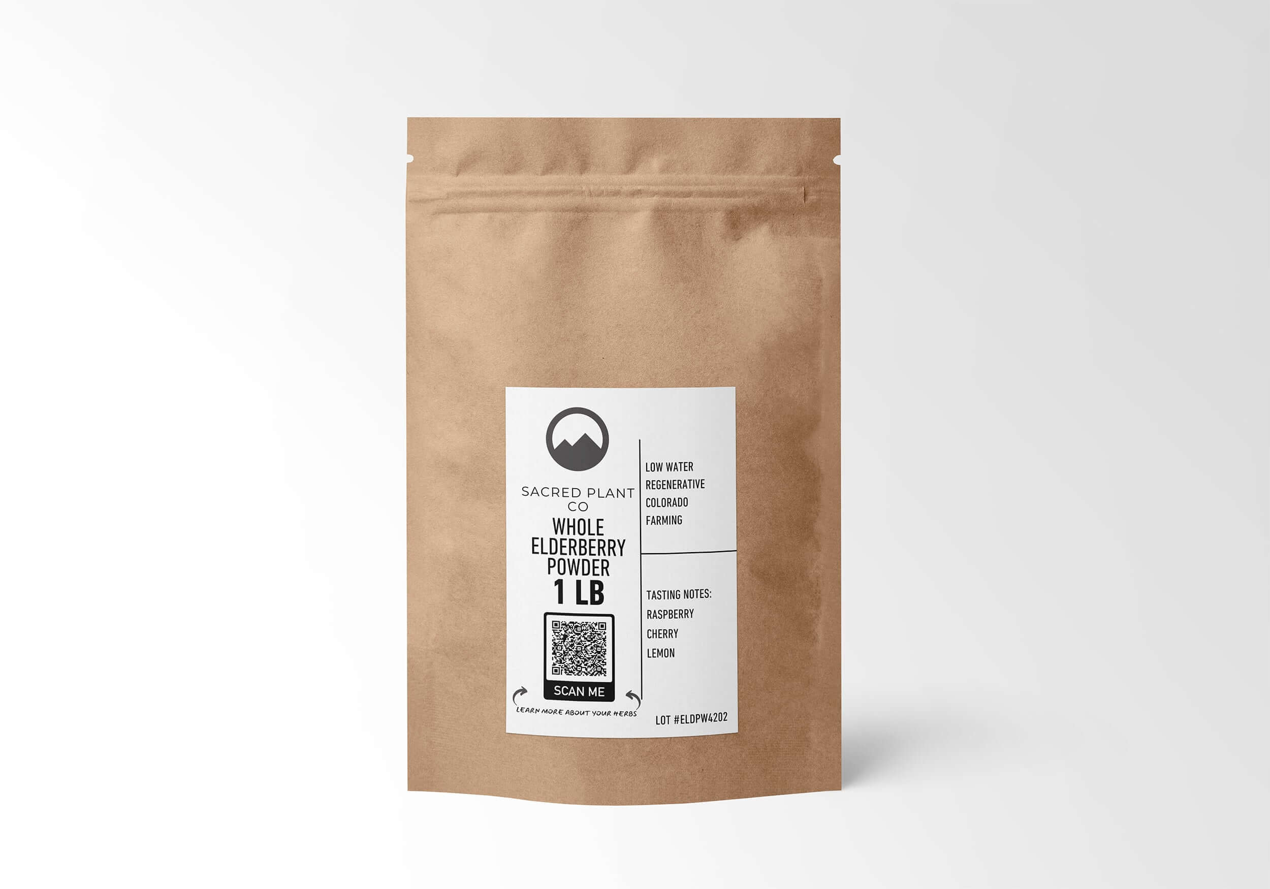 1 LB kraft paper bag of Sacred Plant Co’s Whole Elderberry Powder, sustainably sourced, packed with antioxidants, supporting immune system and skin health in eco-conscious packaging.