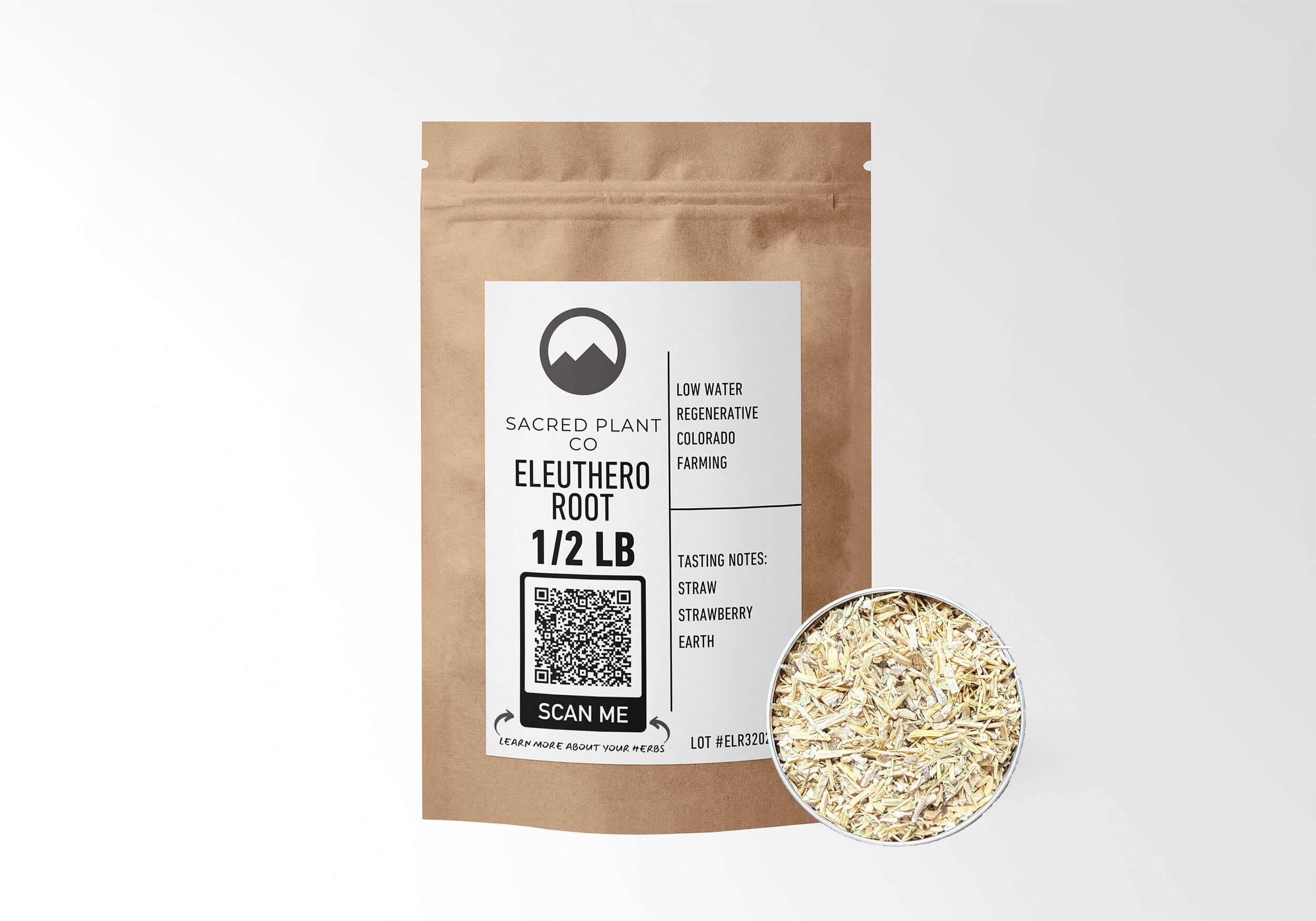 Sacred Plant Co Eleuthero Root 1/2 LB in eco-friendly kraft paper packaging with a sample in a silver tin, traditionally used for supporting energy levels and managing stress.