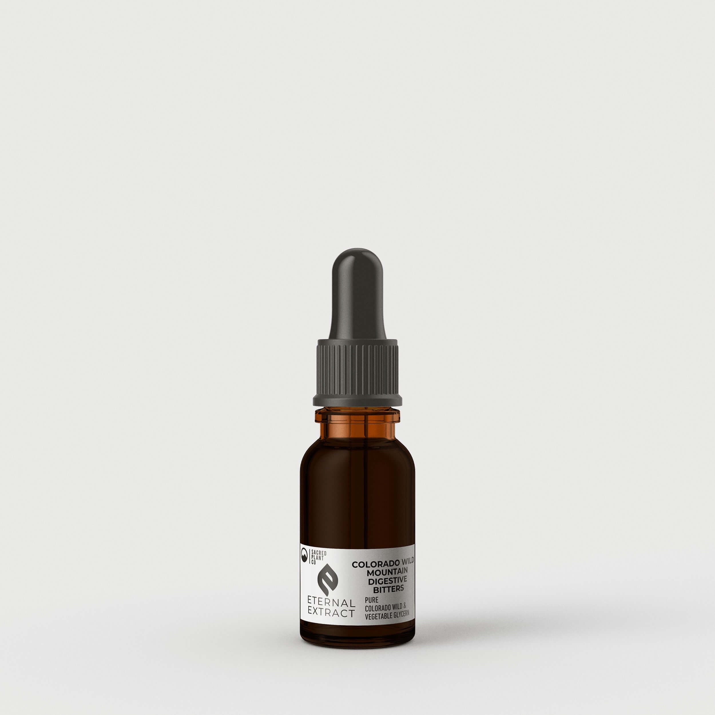 Sacred Plant Co Eternal Extract Colorado Wild Mountain Digestive Bitters Half OZ glass bottle, premium herbal support for digestion.