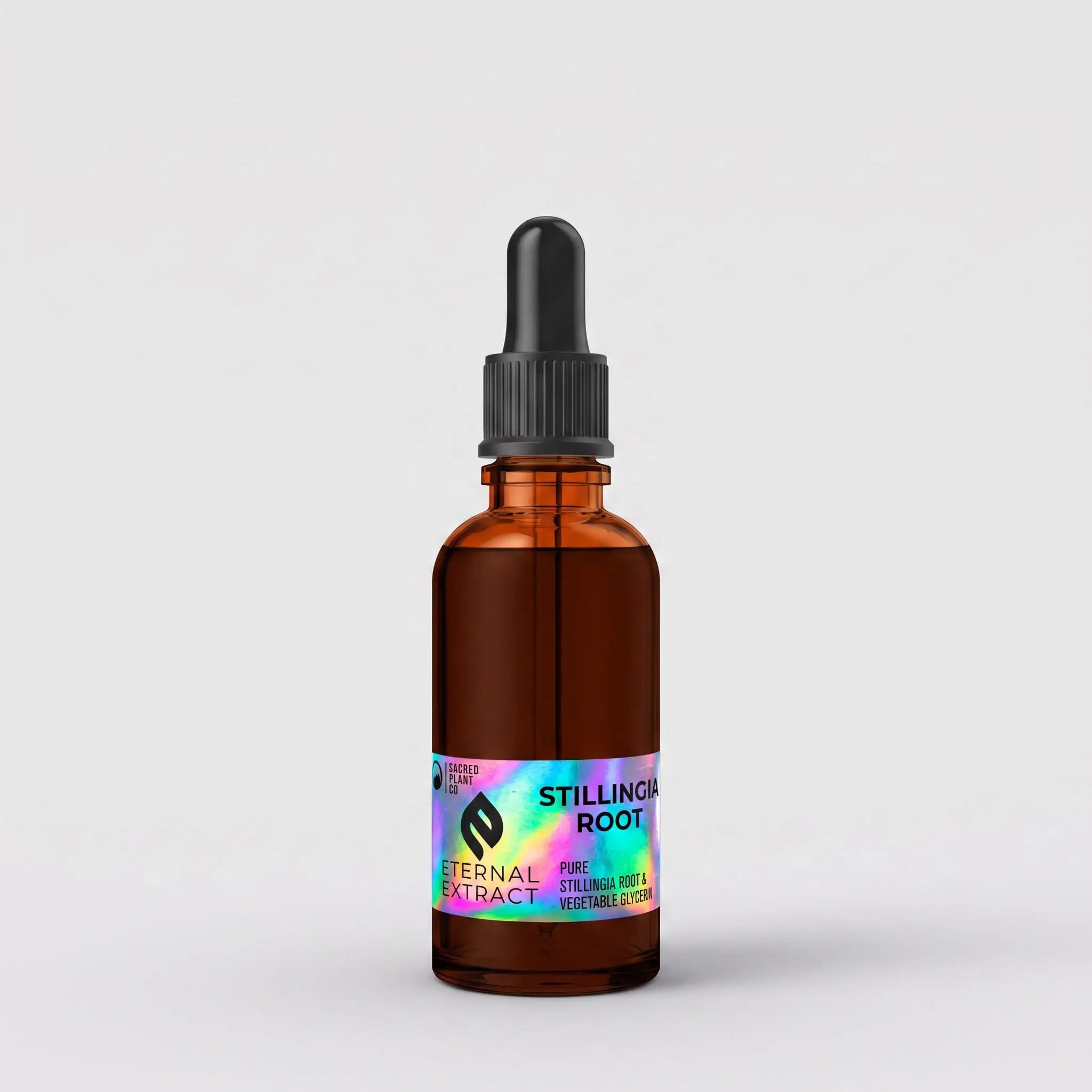 Sacred Plant Co Eternal Extract Stillingia Root tincture in a 1 oz amber glass dropper bottle with a holographic foil label reading pure Stillingia root and vegetable glycerin, on a light grey background.