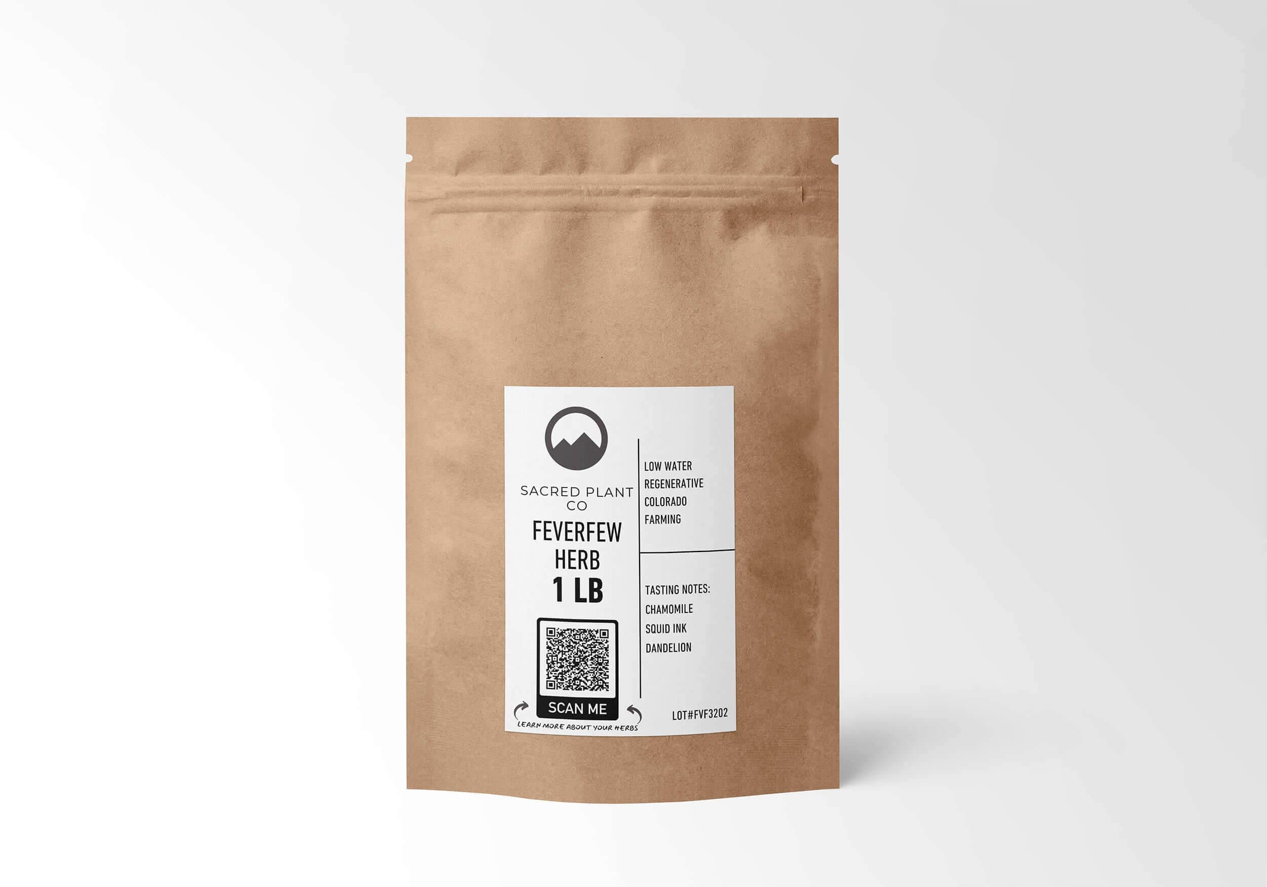 Sacred Plant Co Feverfew Herb 1 LB eco-friendly kraft paper packaging with Chamomile, Squid Ink, and Dandelion tasting notes. Sustainably farmed, high-quality herb known for its restorative and health benefits.