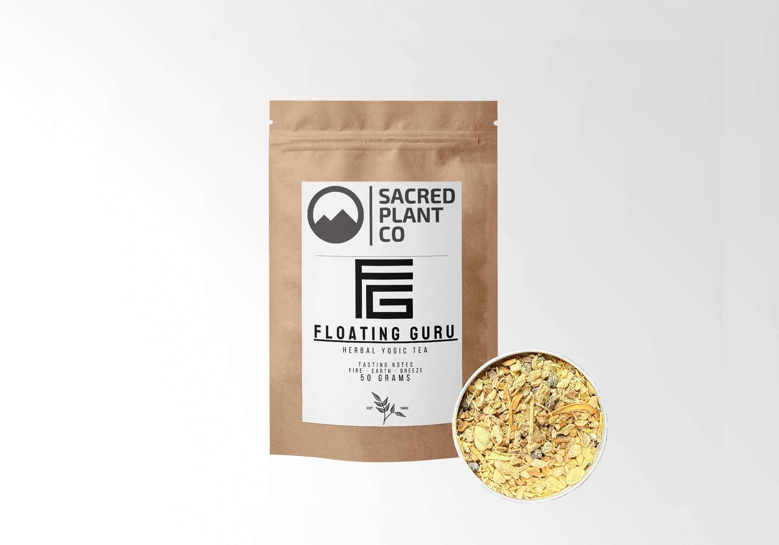 Sacred Plant Co Floating Guru Herbal Yogic Tea in 50 grams kraft packaging with a sample of the herbal blend, emphasizing natural wellness and premium quality.