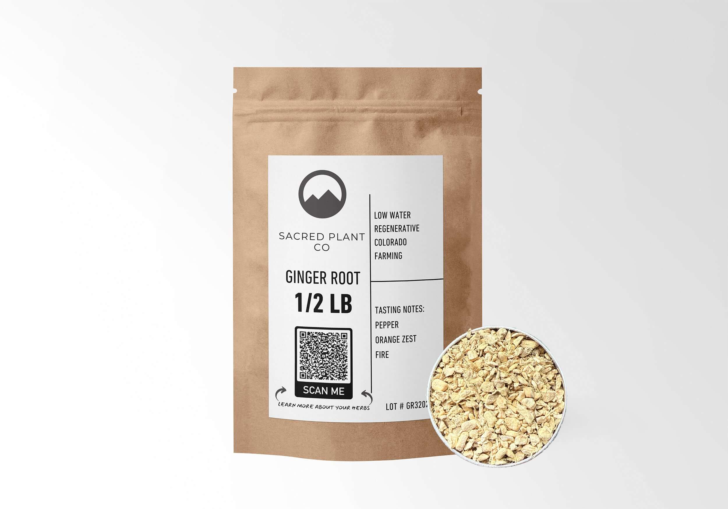 Sacred Plant Co Ginger Root 1/2 LB kraft paper packaging with Ginger Root sample in silver tin showcasing sustainably sourced ginger root for digestive health and anti-inflammatory benefits.