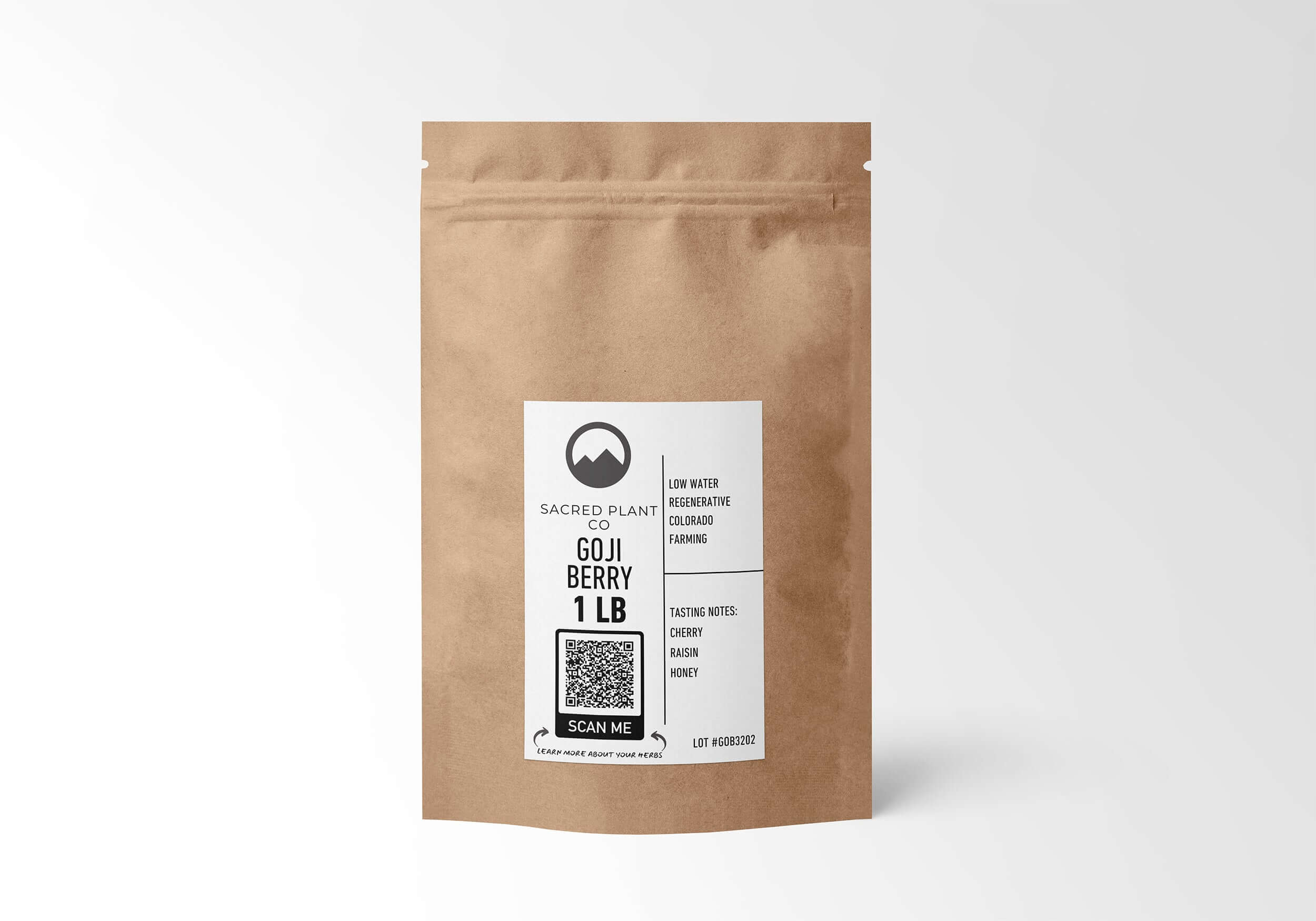 1 LB kraft paper bag of Sacred Plant Co’s Goji Berries, packed with antioxidants, supporting immune and skin health, sustainably sourced in eco-conscious packaging.