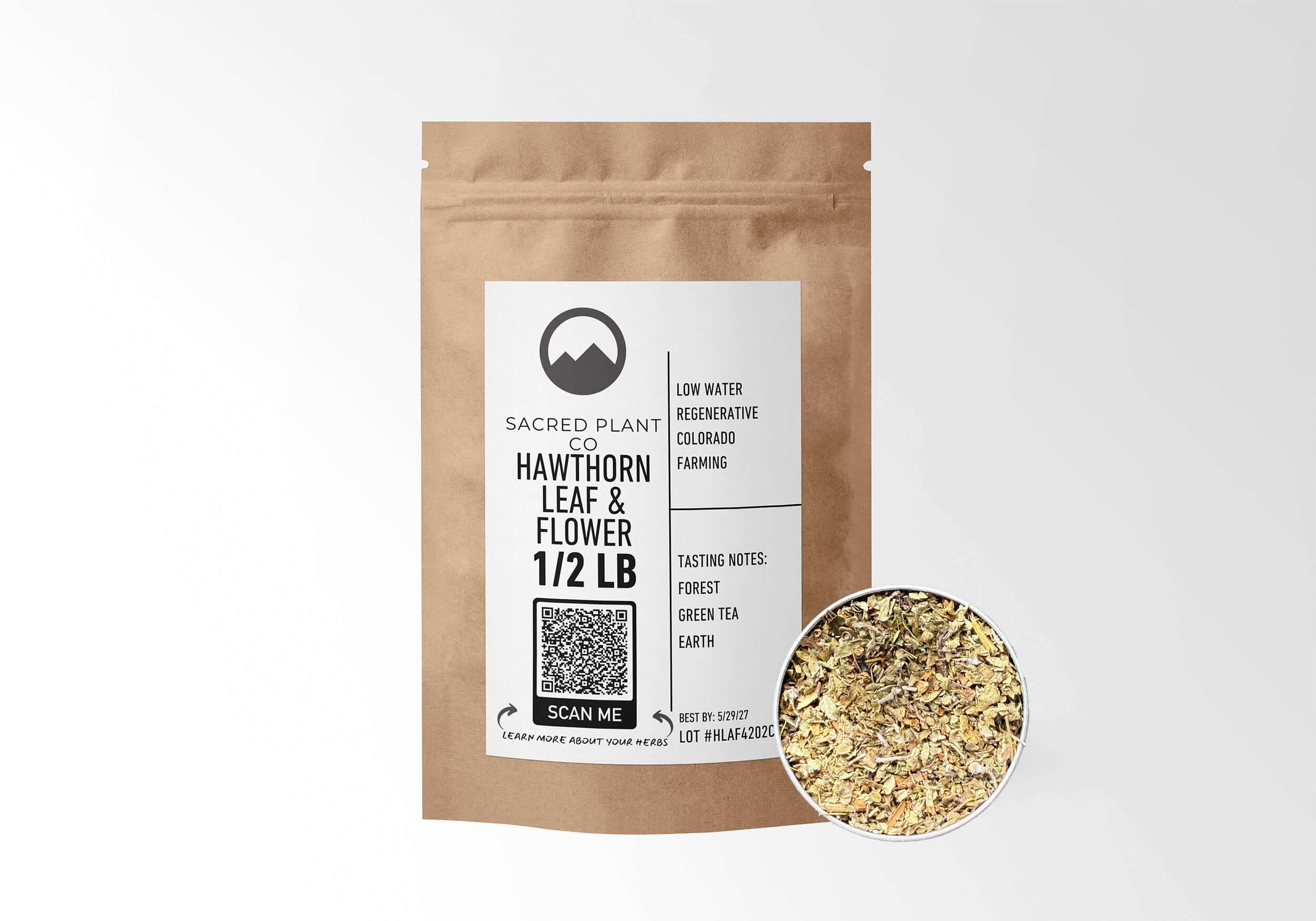Sacred Plant Co Hawthorn Leaf & Flower 1/2 LB in eco-friendly kraft paper packaging, featuring a sample of the herb in a silver tin, supports cardiovascular health and circulation.