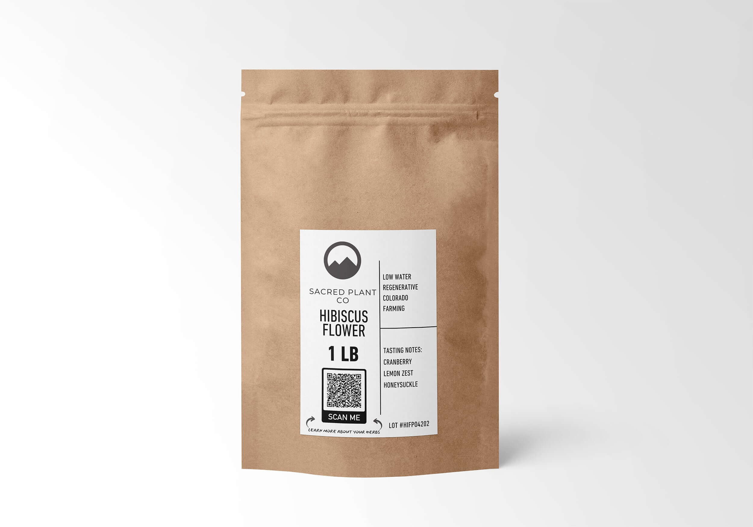 Premium 1 LB kraft paper bag of Hibiscus Flower from Sacred Plant Co, offering eco-friendly packaging and regenerative farming benefits.