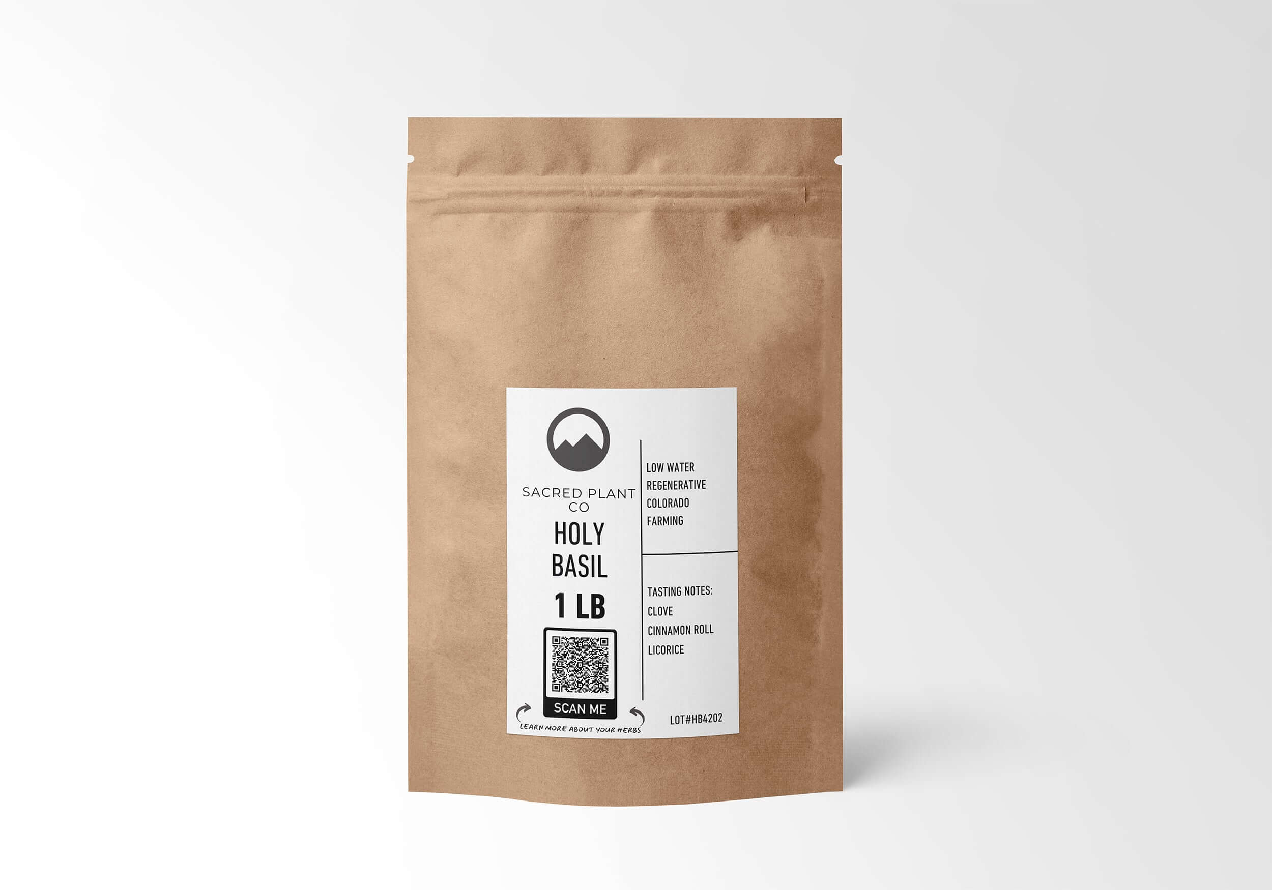 Sacred Plant Co’s 1 LB Holy Basil in eco-friendly kraft packaging, grown sustainably, supports stress relief and well-being.