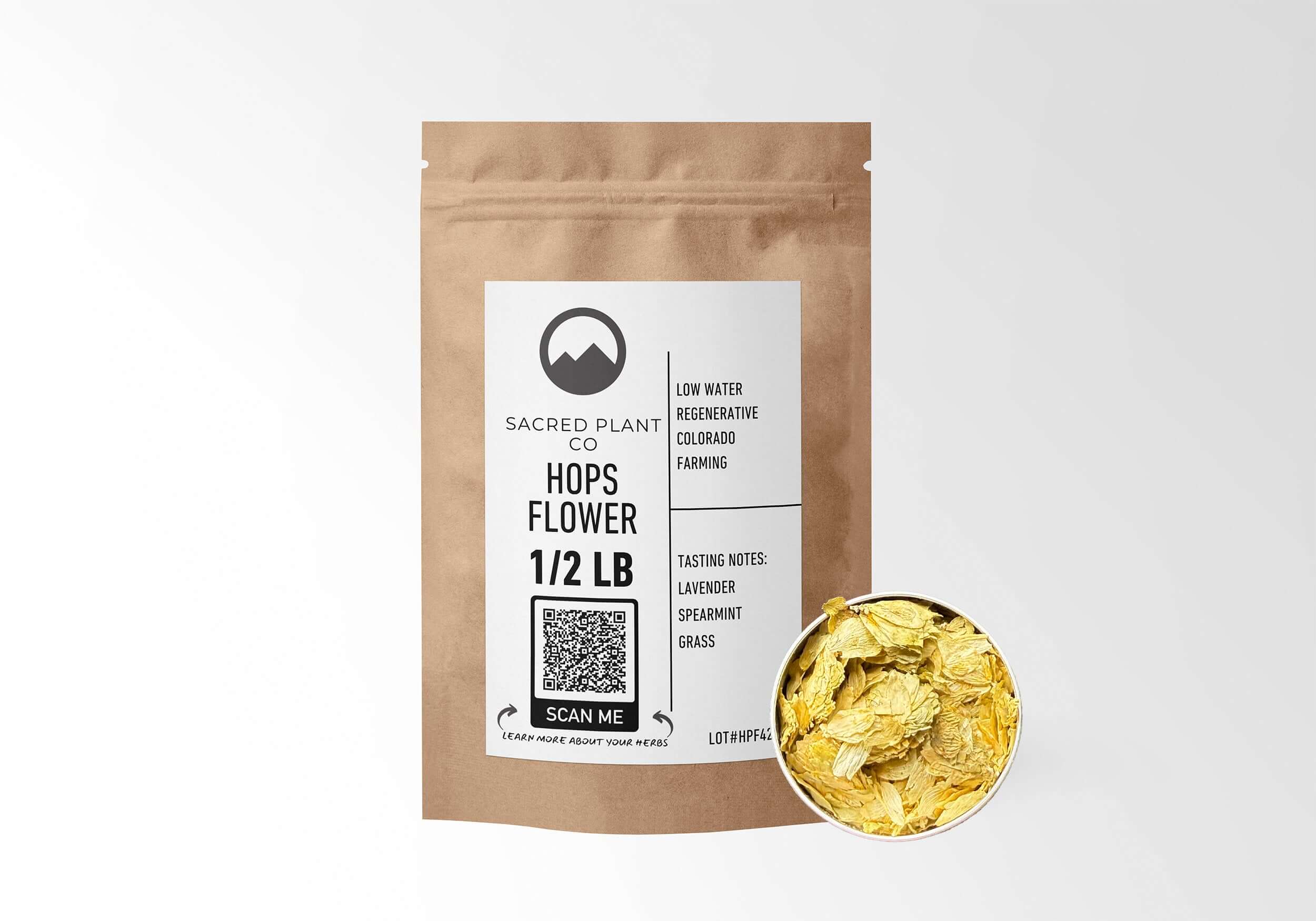 Sacred Plant Co Hops Flower 1/2 LB kraft paper packaging with Hops Flower sample in silver tin showcasing sustainably sourced hops flowers for relaxation and sleep support benefits.