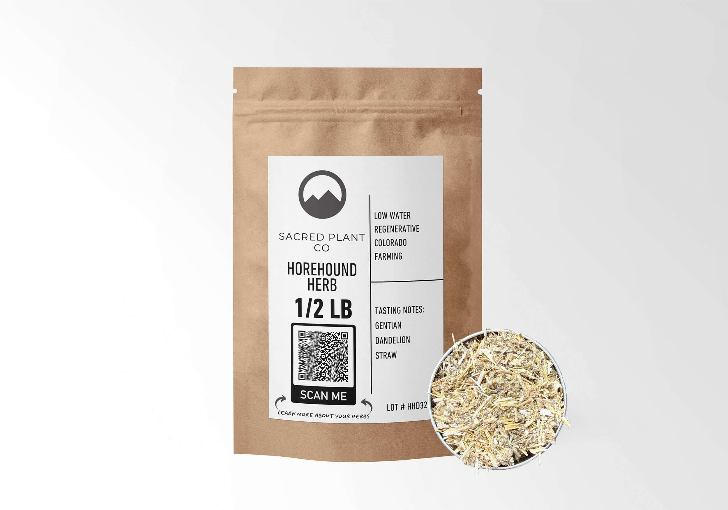 Sacred Plant Co Horehound Herb 1/2 LB in eco-friendly kraft paper packaging, sample in a silver tin, traditionally used for respiratory health and cough relief.