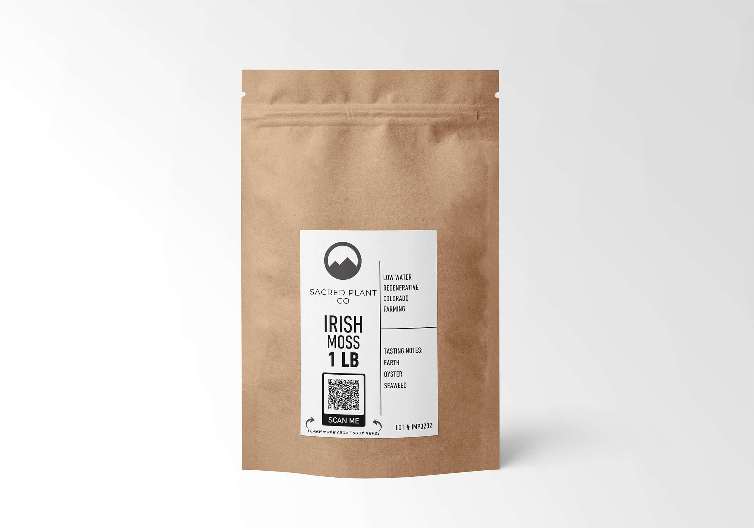 Sacred Plant Co Irish Moss 1 LB bag in eco-friendly kraft paper packaging, sustainably sourced and premium quality. Provides essential nutrients, perfect for smoothies, skincare, and wellness recipes. Earthy seaweed taste for enhancing health benefits.