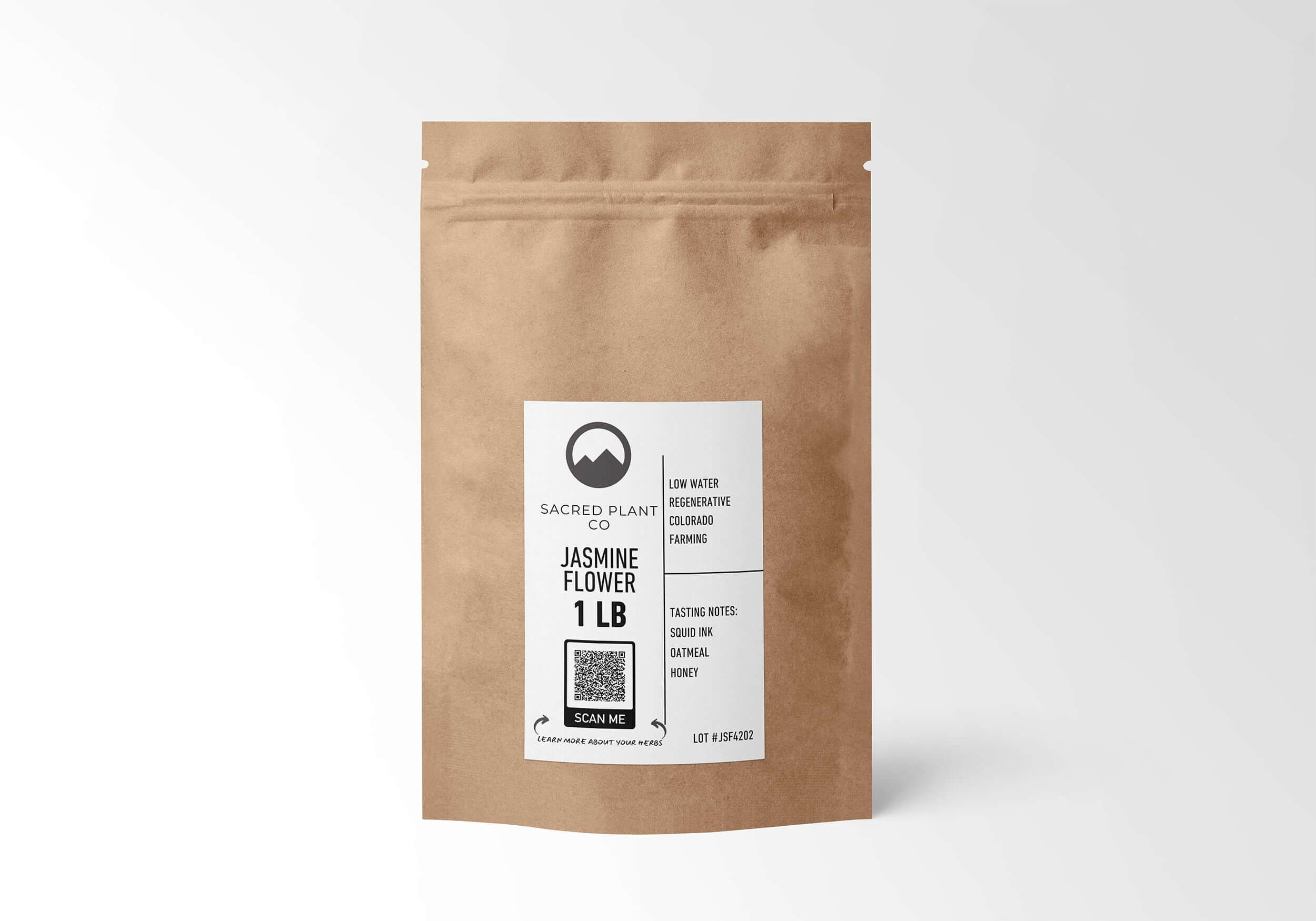 Sustainable 1 LB kraft paper package of Jasmine Flower by Sacred Plant Co, offering organic quality for health-conscious consumers.