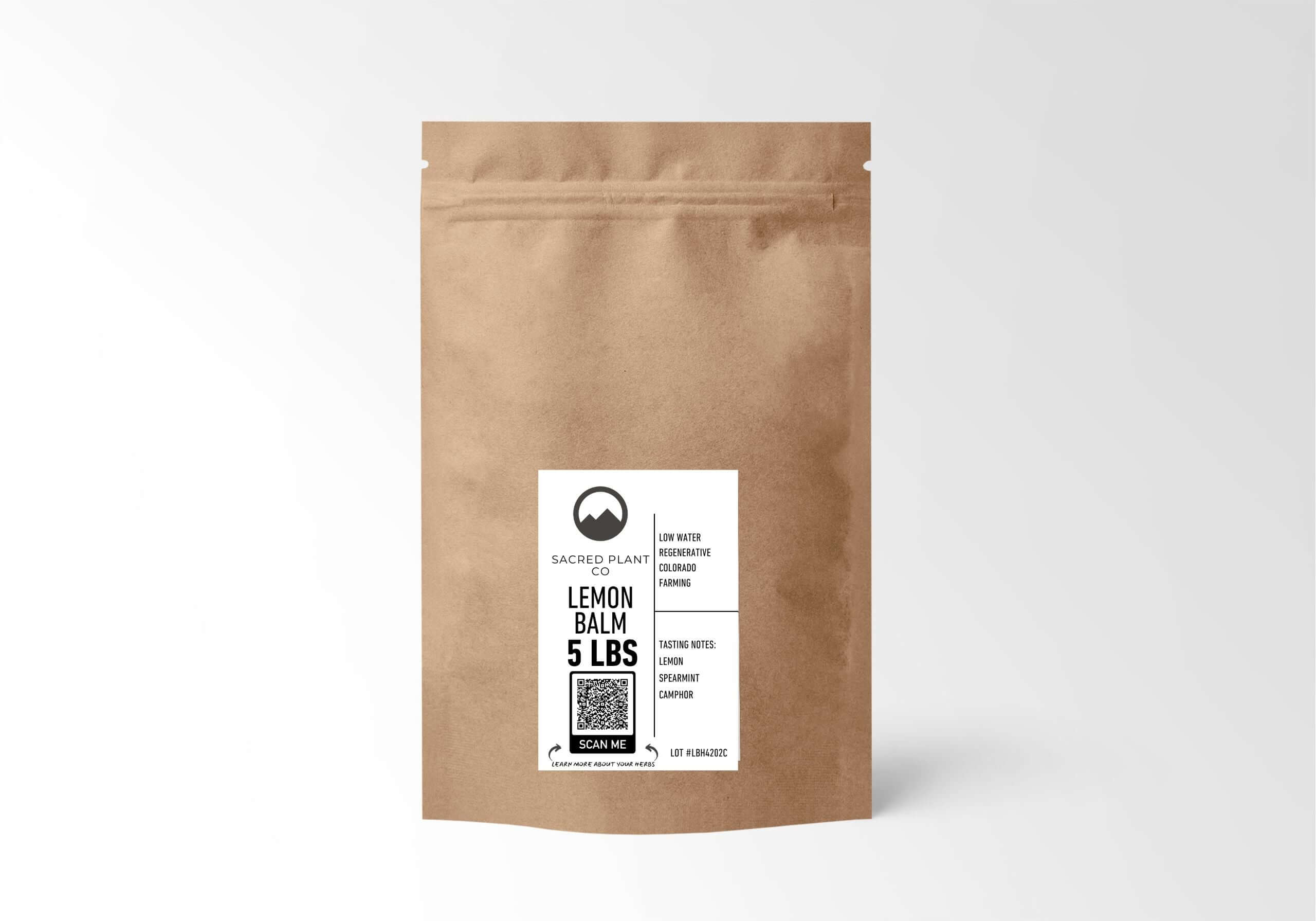 Sacred Plant Co’s 5 LBS Lemon Balm in eco-friendly kraft paper, sustainably grown for relaxation and premium natural health remedies.