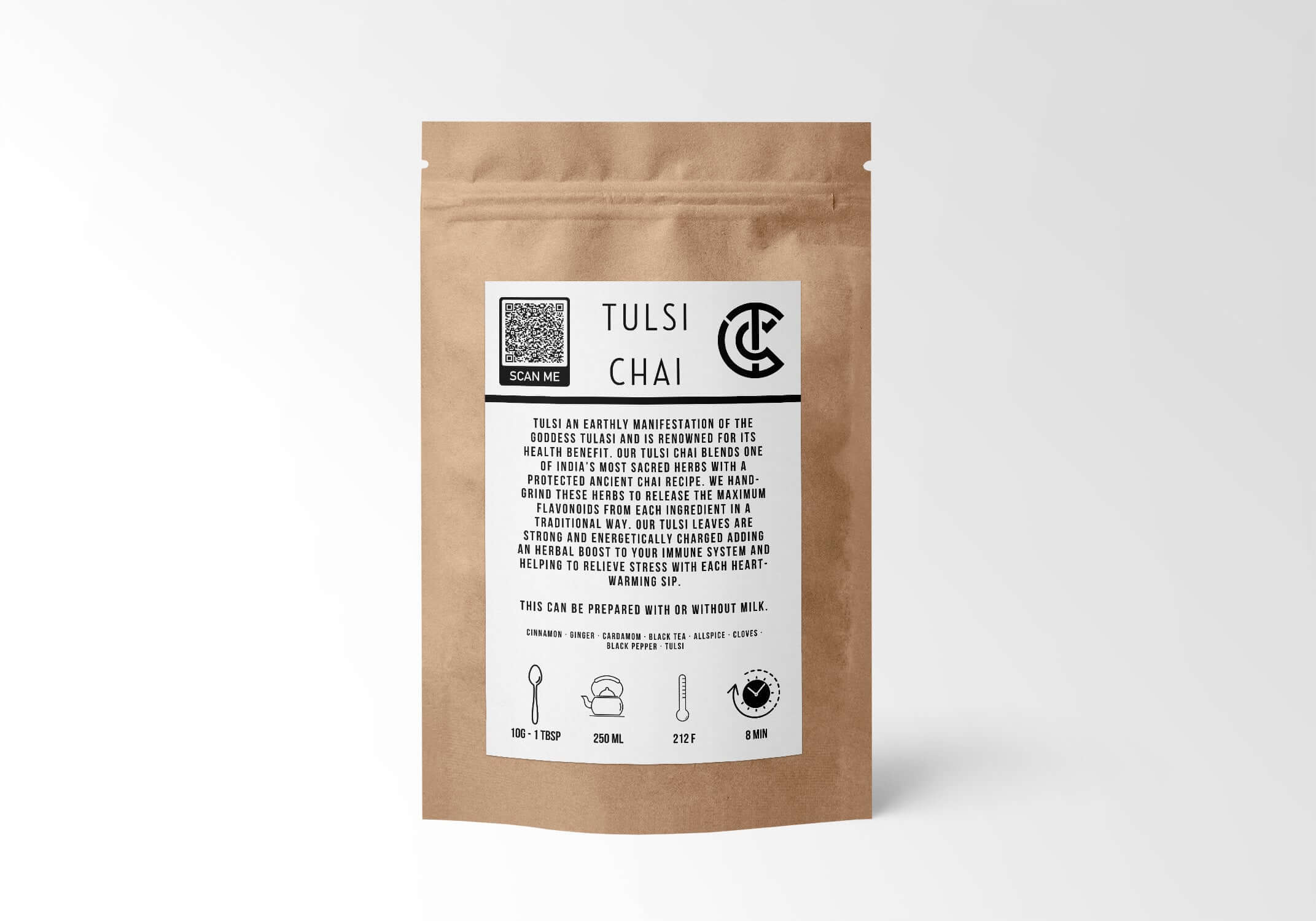 Sacred Plant Co Tulsi Chai Tea in eco-friendly kraft paper packaging, describing herbal blend ingredients, immune support benefits, and preparation details.