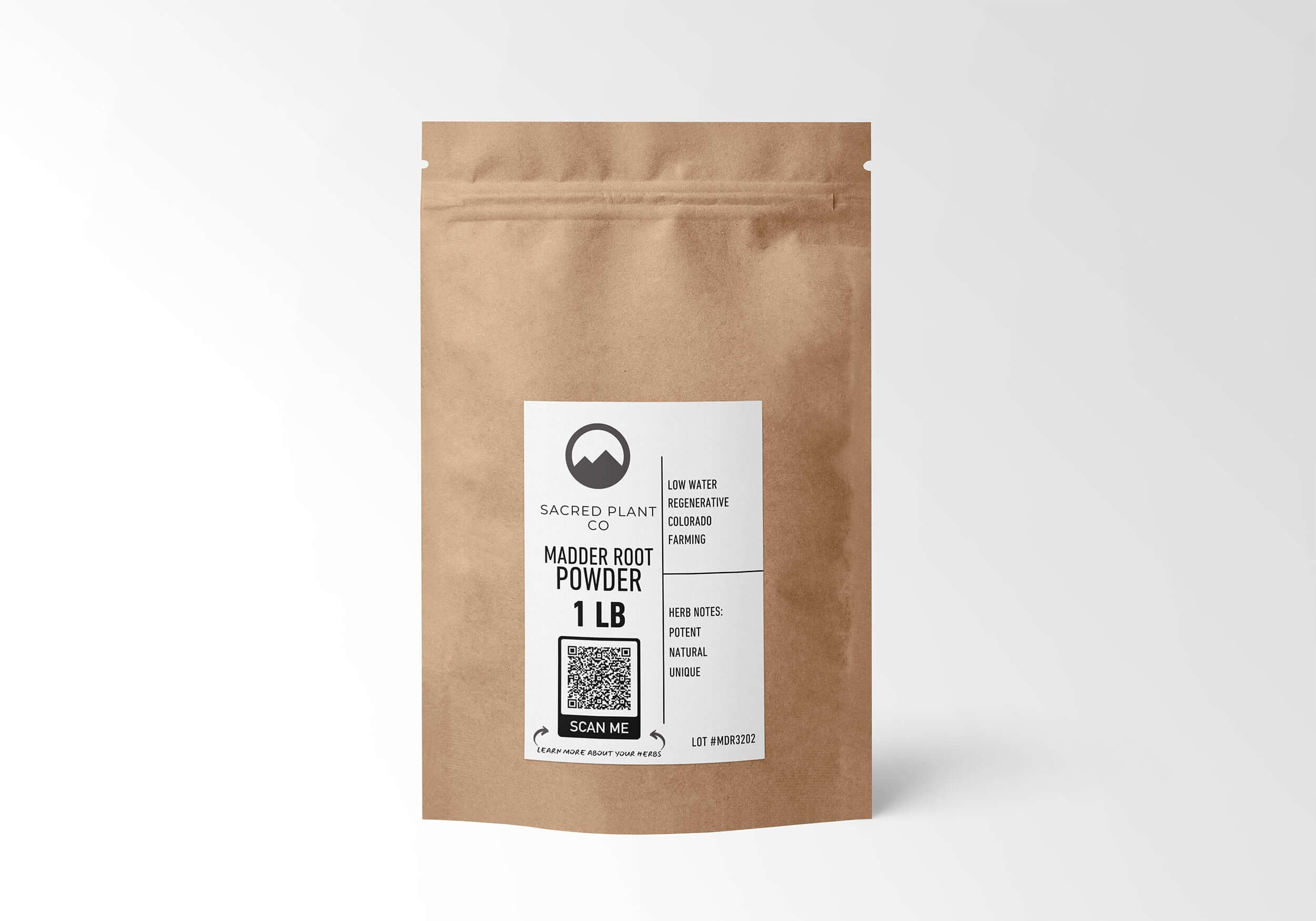Sacred Plant Co Madder Root Powder 1 LB kraft paper packaging, showcasing quality potent herb, sustainably grown in Colorado; ideal for natural dyeing and wellness purposes.