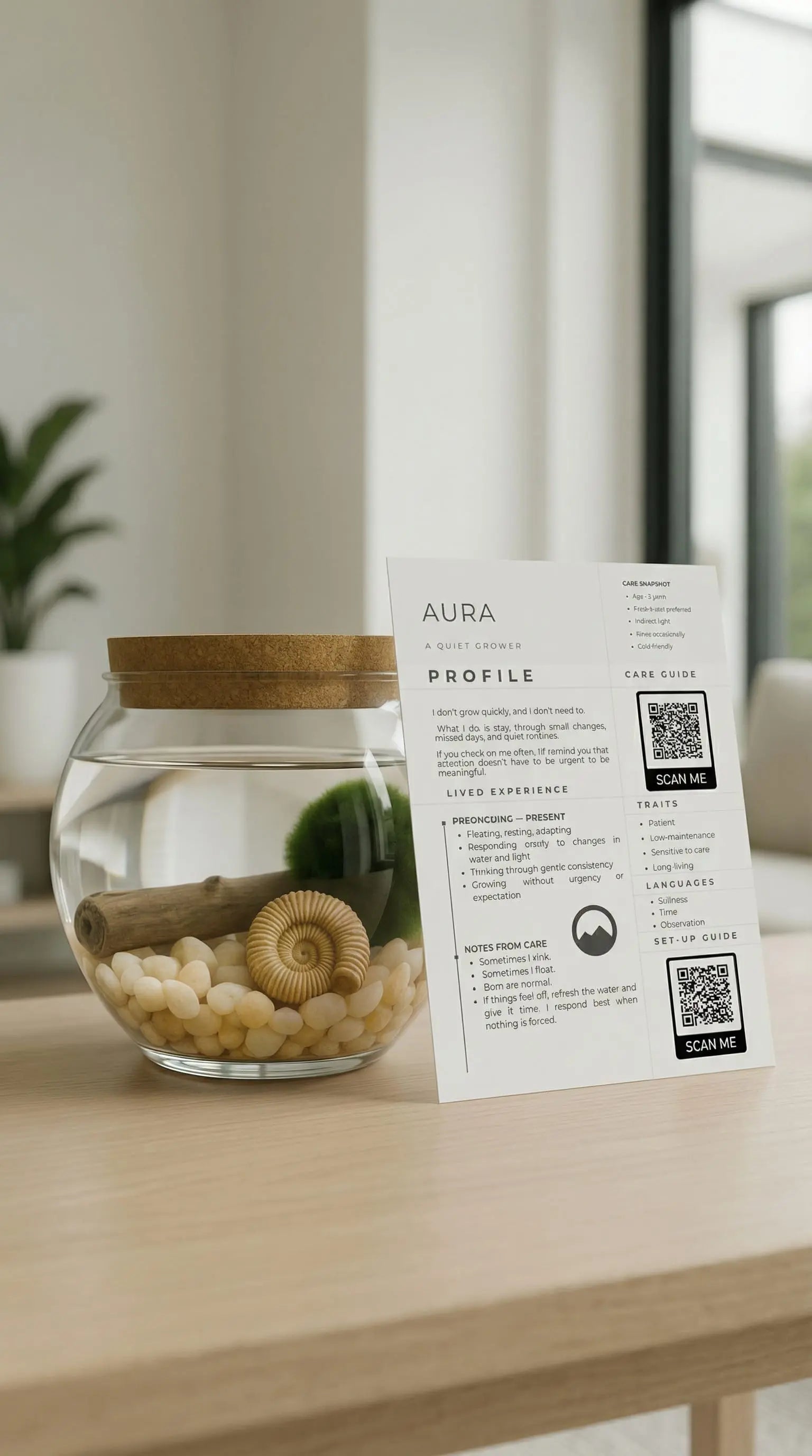 Marimo moss ball in a glass jar aquarium with driftwood, shown with a Sacred Plant Co care card