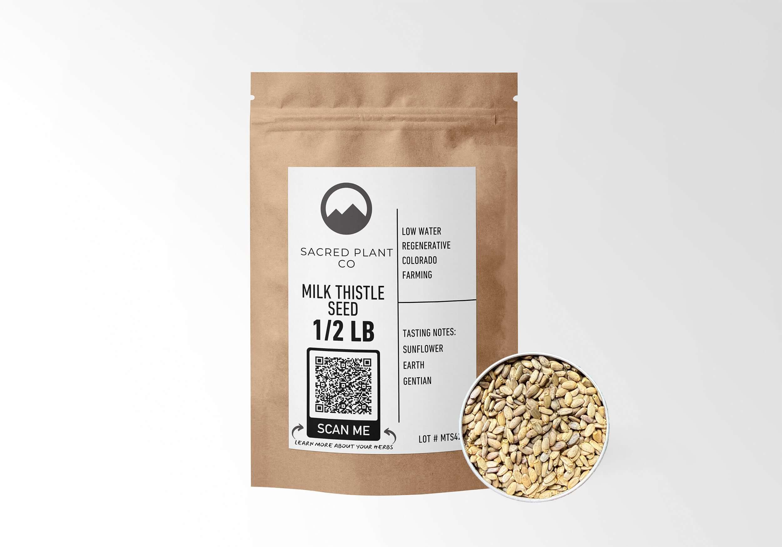 Sacred Plant Co Milk Thistle Seed 1/2 LB kraft paper packaging with Milk Thistle Seed sample in silver tin showcasing sustainably grown milk thistle seeds for natural liver support and wellness benefits.