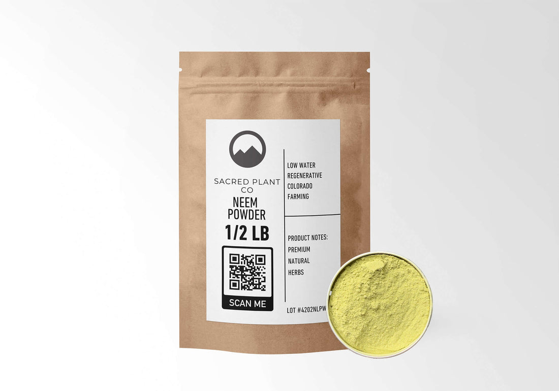 Sacred Plant Co Neem Powder in eco-friendly kraft paper packaging, sample in a silver tin, used as a natural remedy for supporting skin health, promoting oral hygiene, and enhancing immune function.