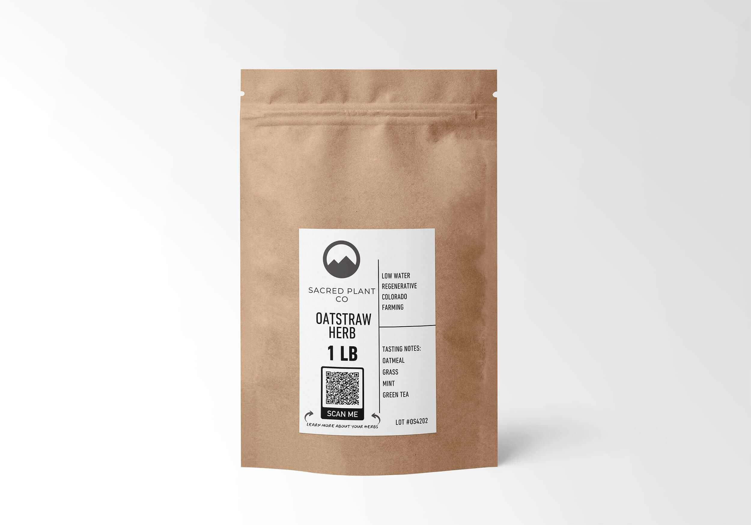 1 LB Oatstraw Herb in sustainable kraft paper, perfect for supporting calm and relaxation, grown with low-water farming methods.