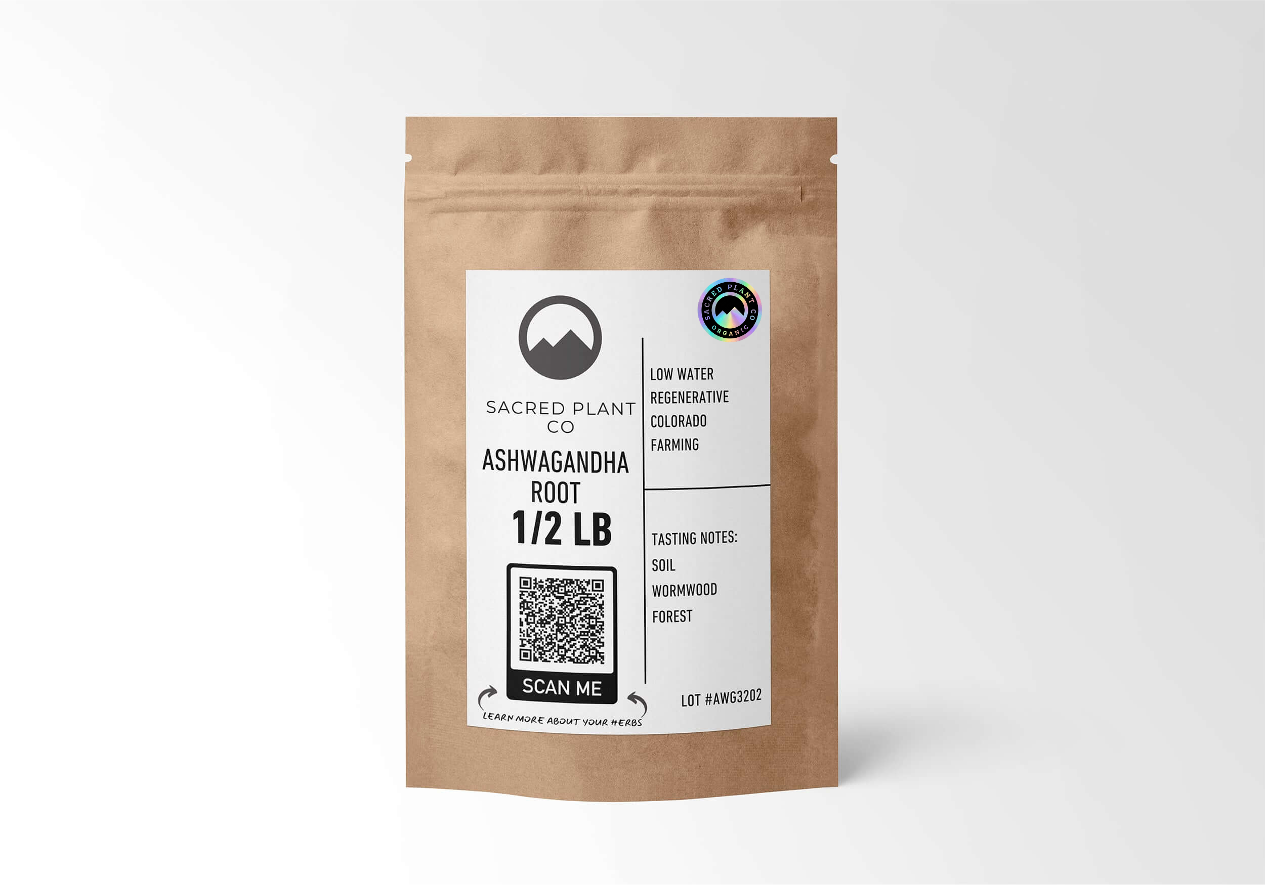 Front view of a 1/2 lb bag of Sacred Plant Co bulk organic Ashwagandha Root. The eco-friendly kraft packaging features a scannable QR code for herb traceability and highlights the brand&