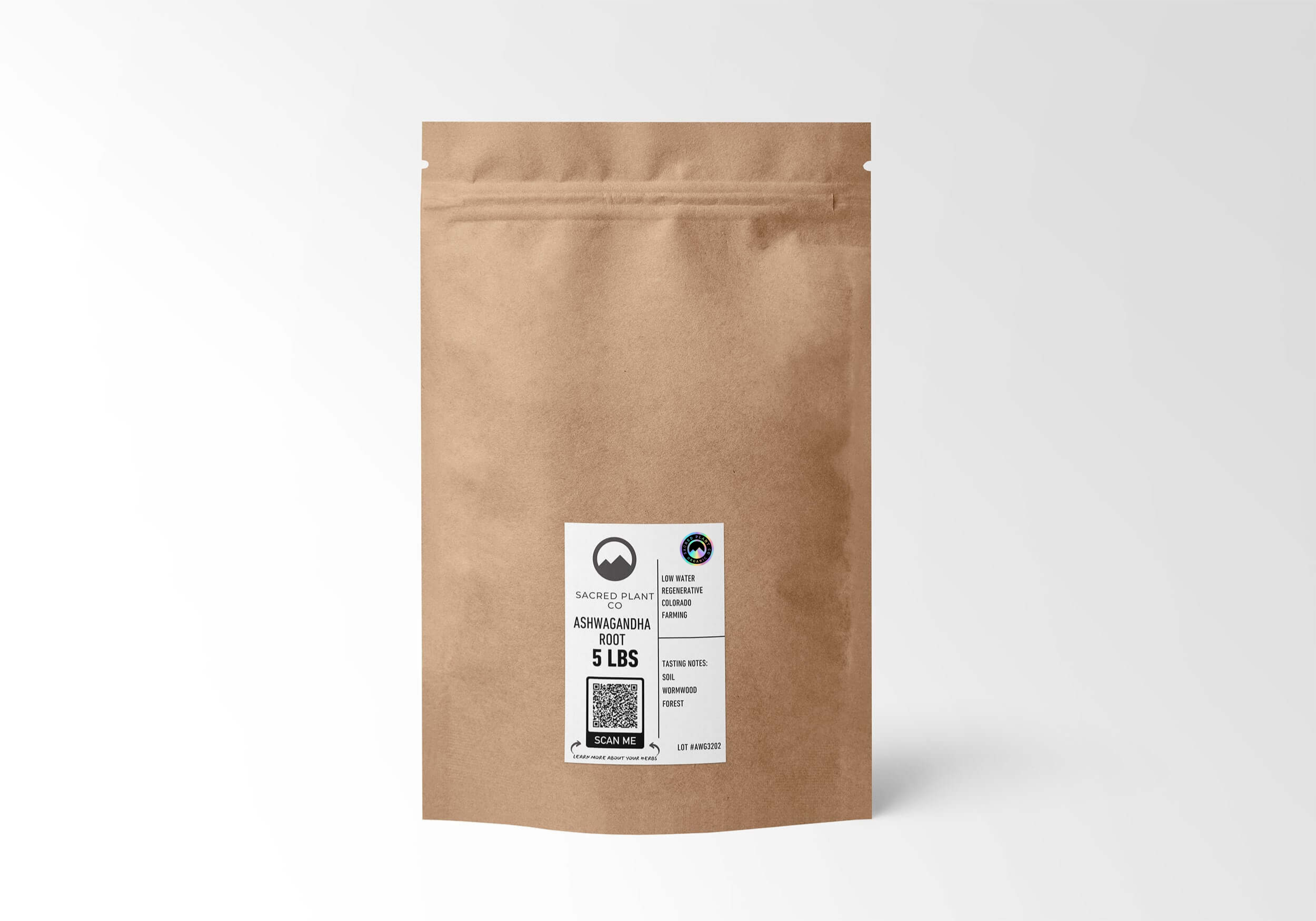 A large 5 lbs wholesale bulk bag of Sacred Plant Co organic cut Ashwagandha Root. The packaging emphasizes the brand&