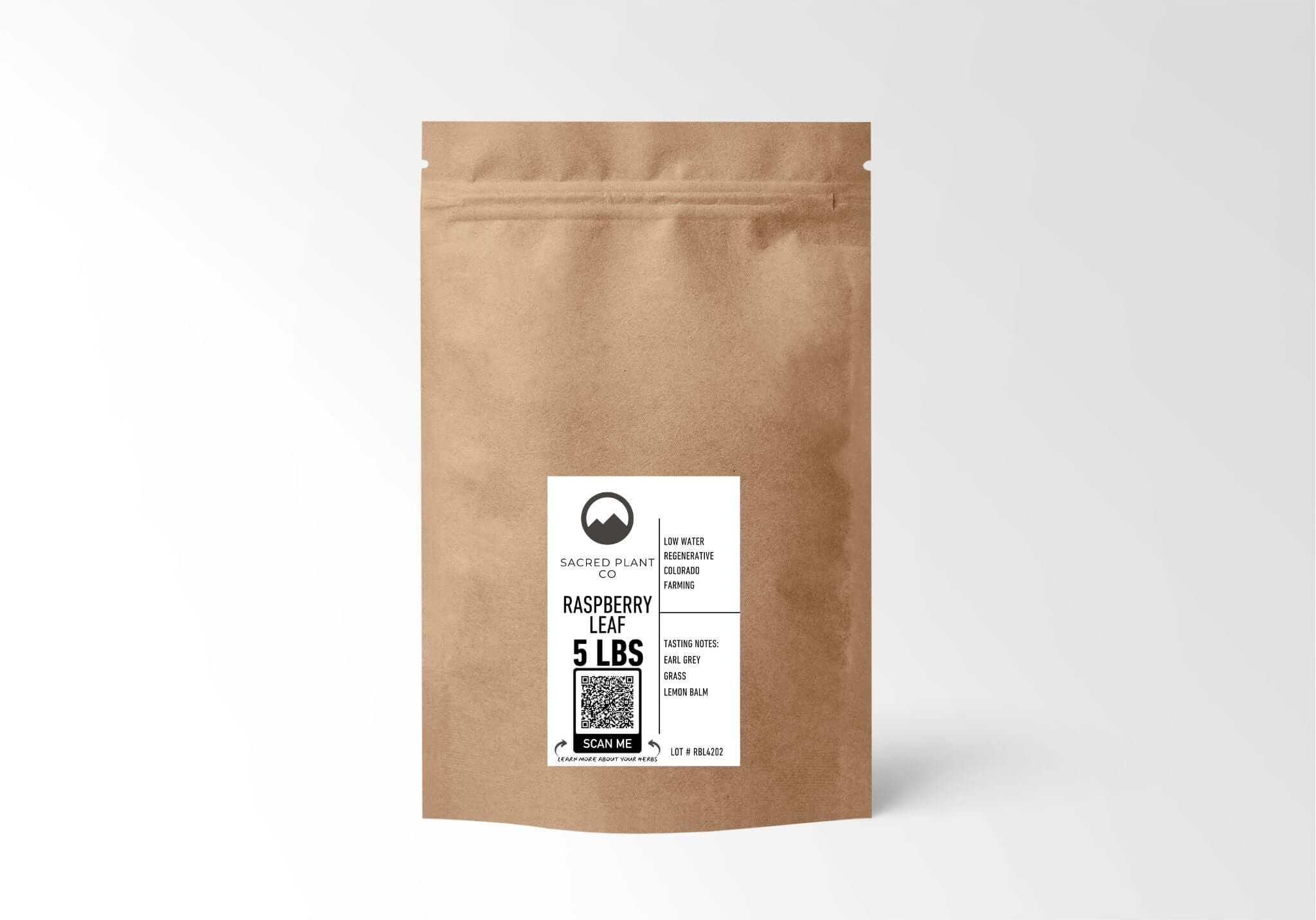Sacred Plant Co’s 5 LBS Raspberry Leaf in eco-friendly kraft paper, sustainably farmed for wellness, supporting natural health remedies.