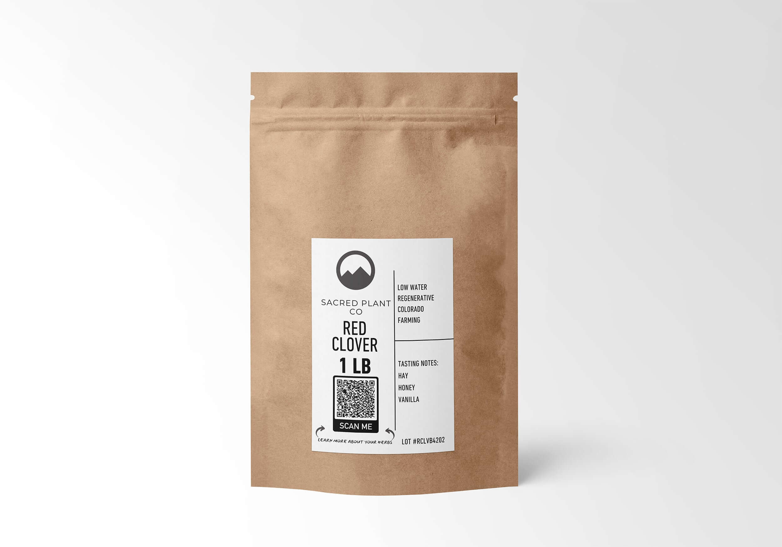 Premium Red Clover from Sacred Plant Co in 1 LB eco-friendly kraft packaging. Supports women&