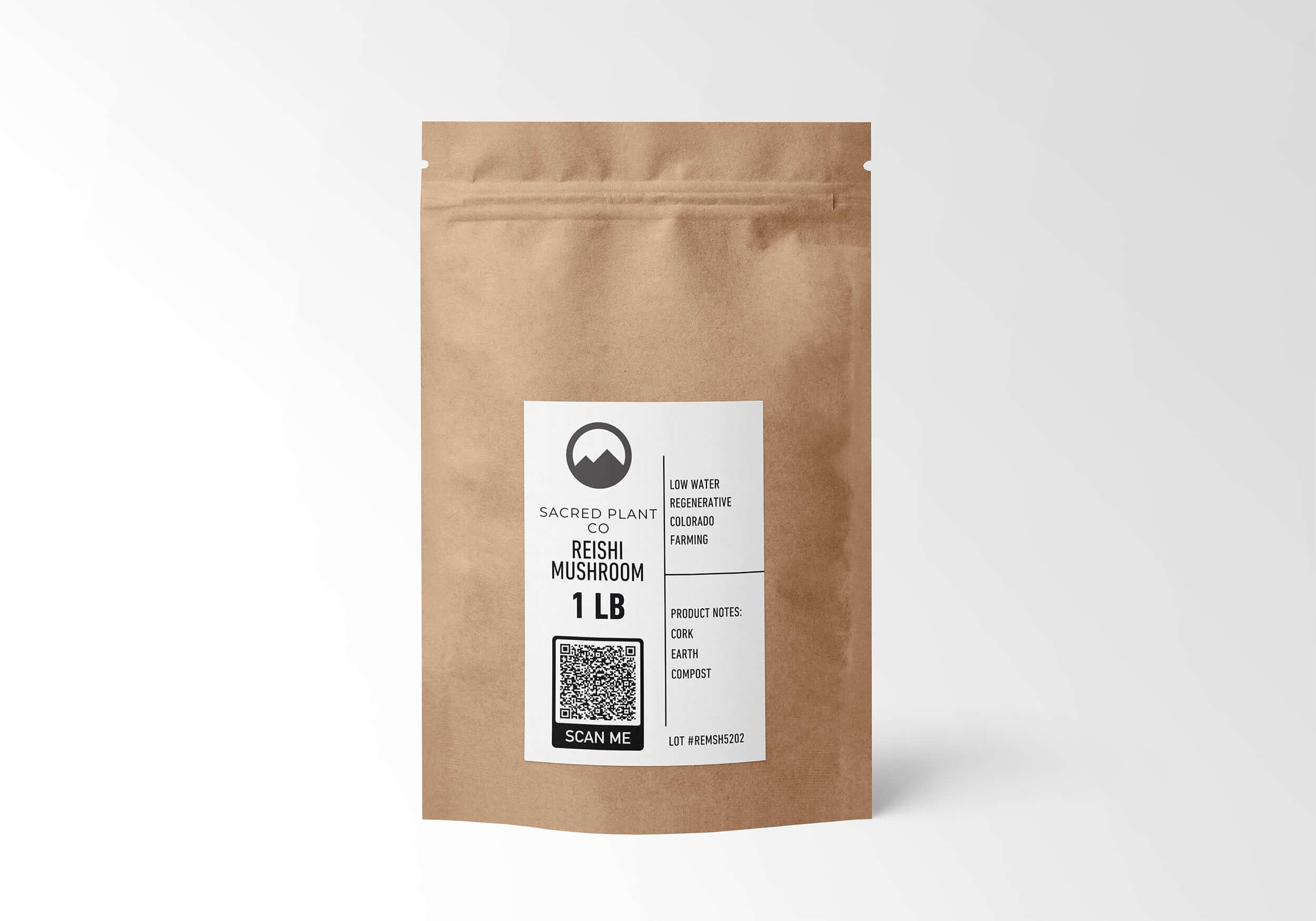 1 LB Reishi Mushroom in eco-friendly kraft resealable packaging, high-quality medicinal mushroom known for calming, immune-boosting, and anti-inflammatory benefits, sustainably produced by Sacred Plant Co with regenerative farming practices.