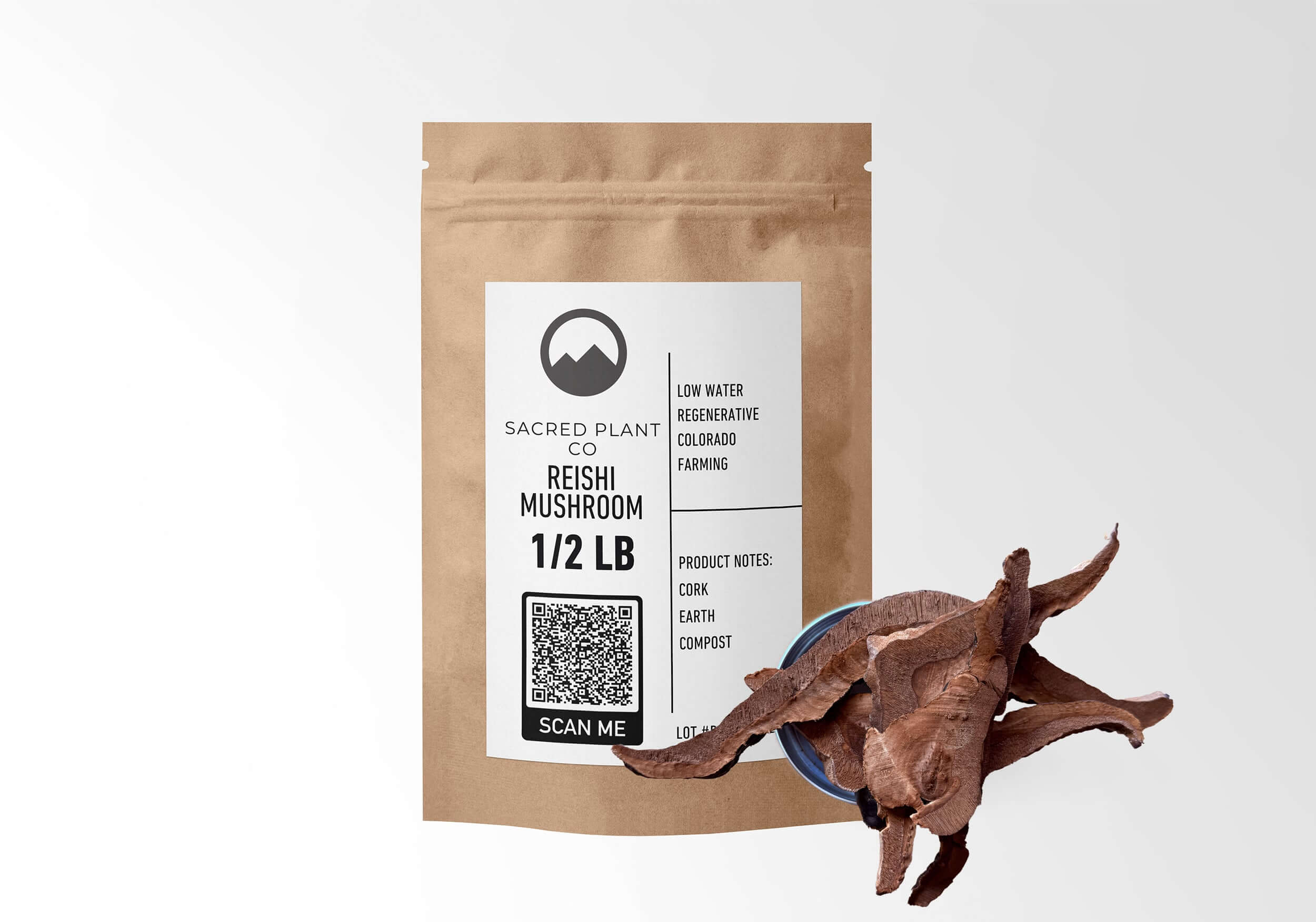 1/2 LB Reishi Mushroom in eco-friendly kraft resealable packaging, with displayed sample of dried Reishi Mushroom, high-quality medicinal mushroom known for calming, immune-boosting, and anti-inflammatory benefits, sustainably produced by Sacred Plant Co with regenerative farming practices.