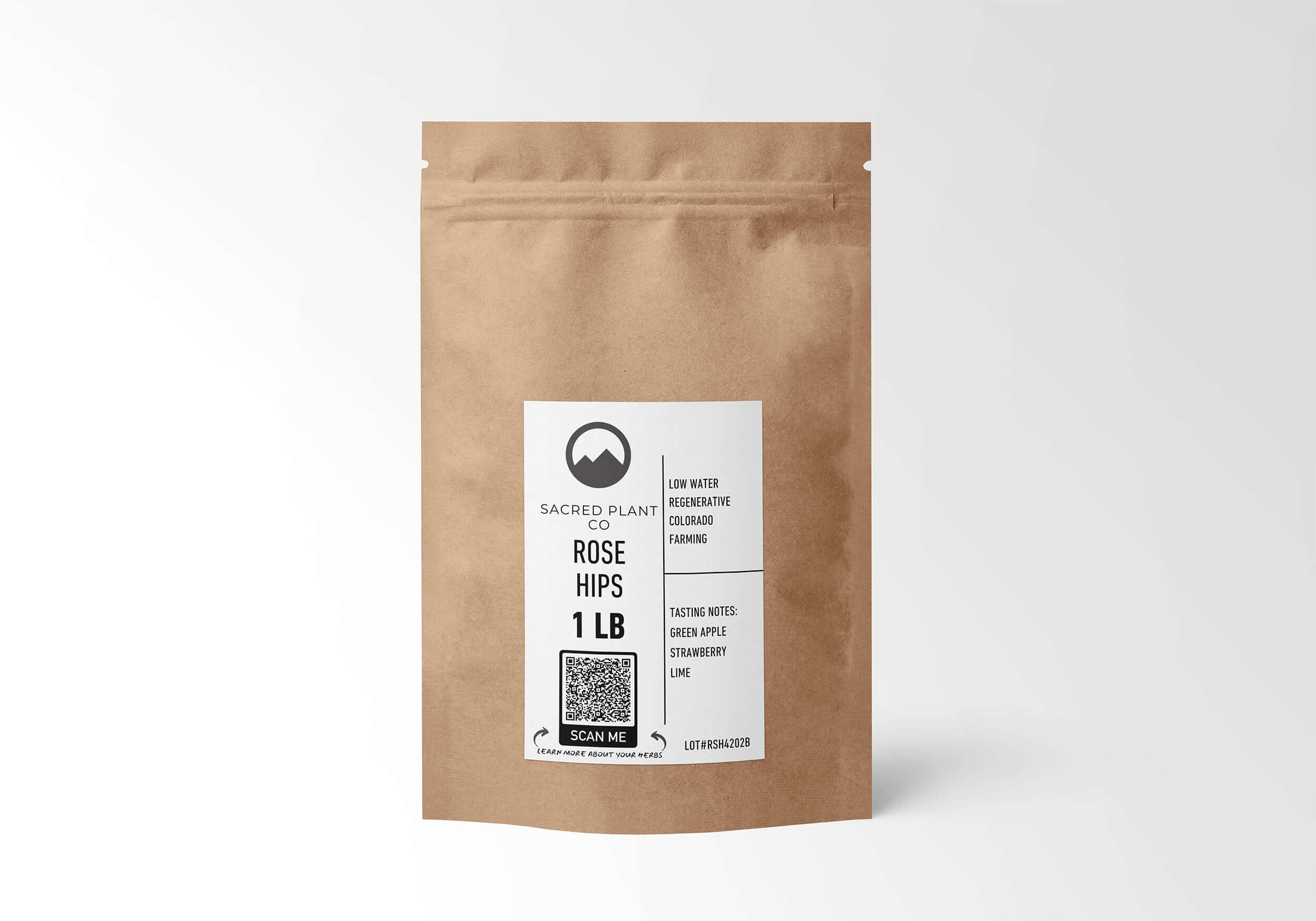 1 LB kraft paper bag of Sacred Plant Co Rose Hips, sustainably grown, rich in vitamin C and antioxidants, for holistic health seekers.