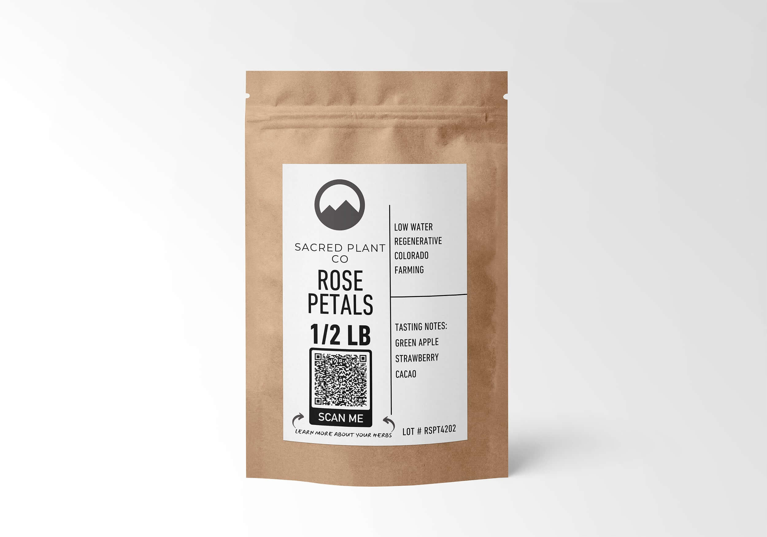 Rose Petals in 1/2 LB kraft paper packaging from Sacred Plant Co, emphasizing sustainable farming practices and premium herbal health benefits.