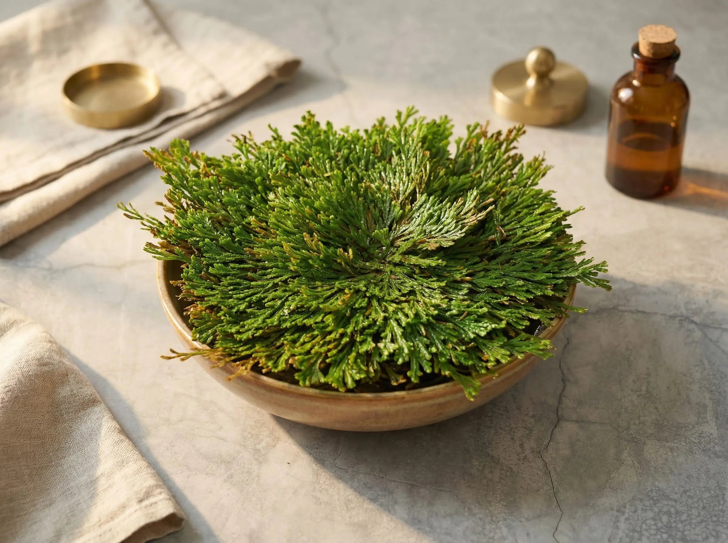 Lush, fully opened Resurrection Plant in a shallow bowl, vibrant green and fanned out in a warm, sunlit minimalist lay-flat setting.