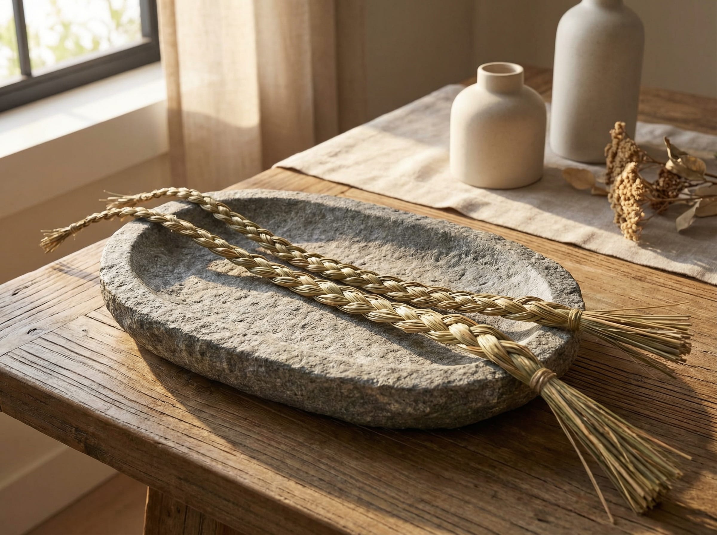 Two long sweetgrass braids arranged on a stone tray with warm morning light and minimalist décor.