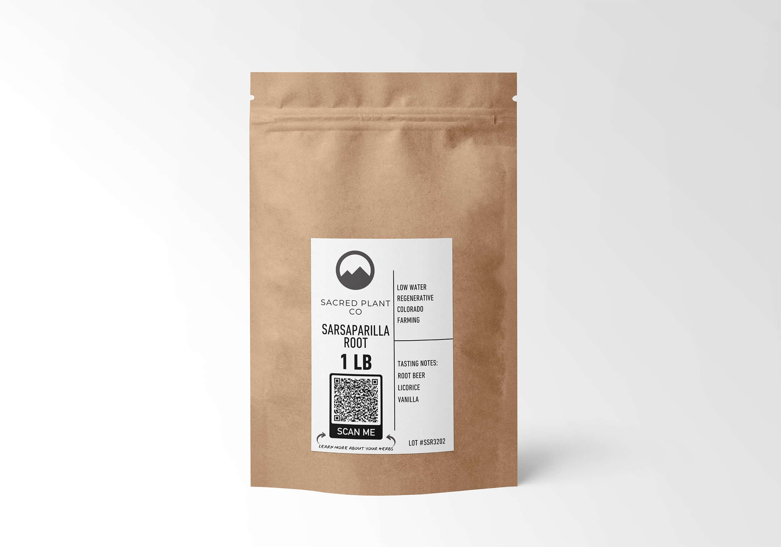 1 LB Sarsaparilla Root in kraft packaging, sustainably farmed for its natural detox properties and distinctive root beer and licorice notes.