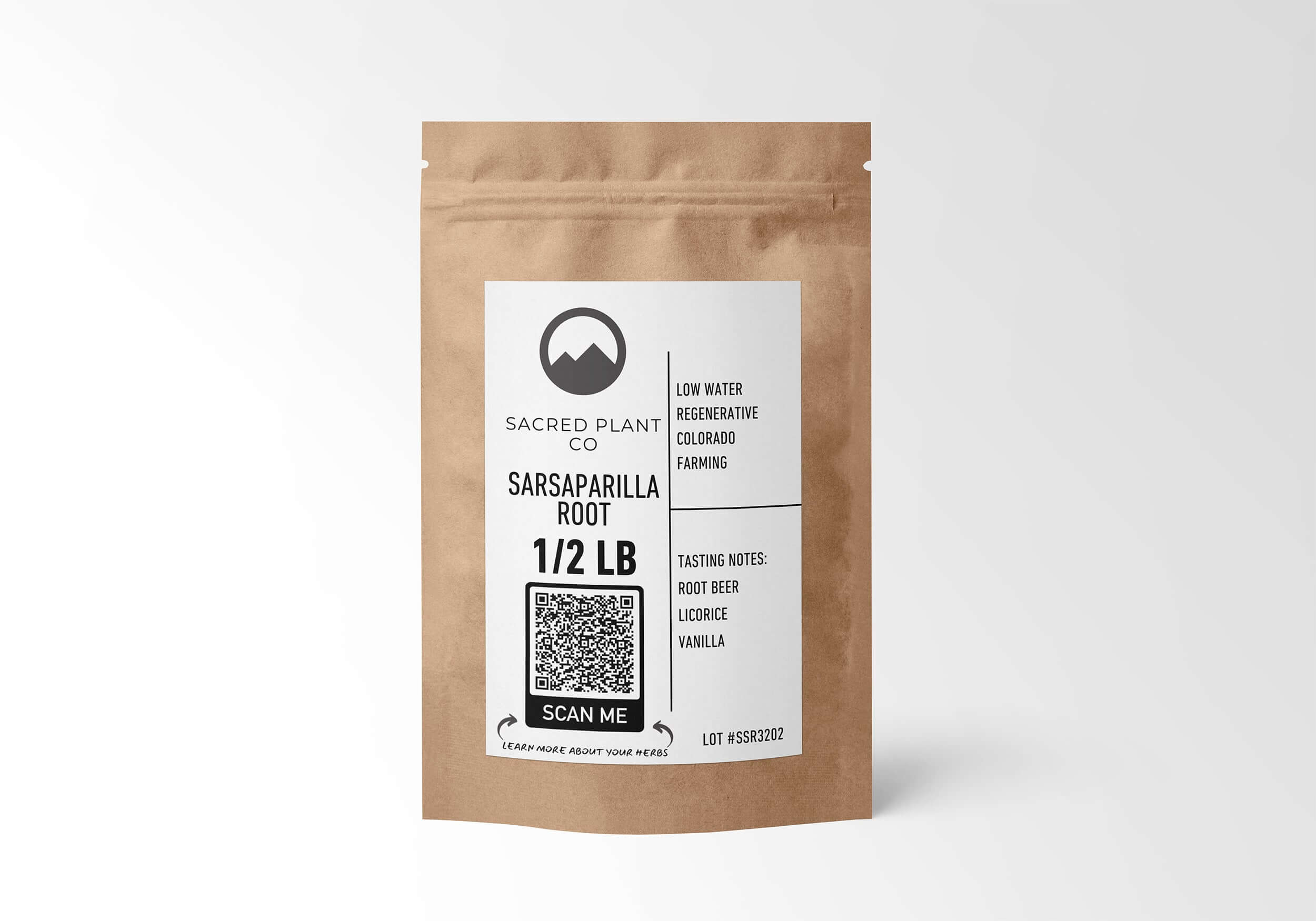 Half-pound kraft bag of Sarsaparilla Root, grown sustainably to enhance detoxification and support wellness with a natural vanilla, root beer taste.