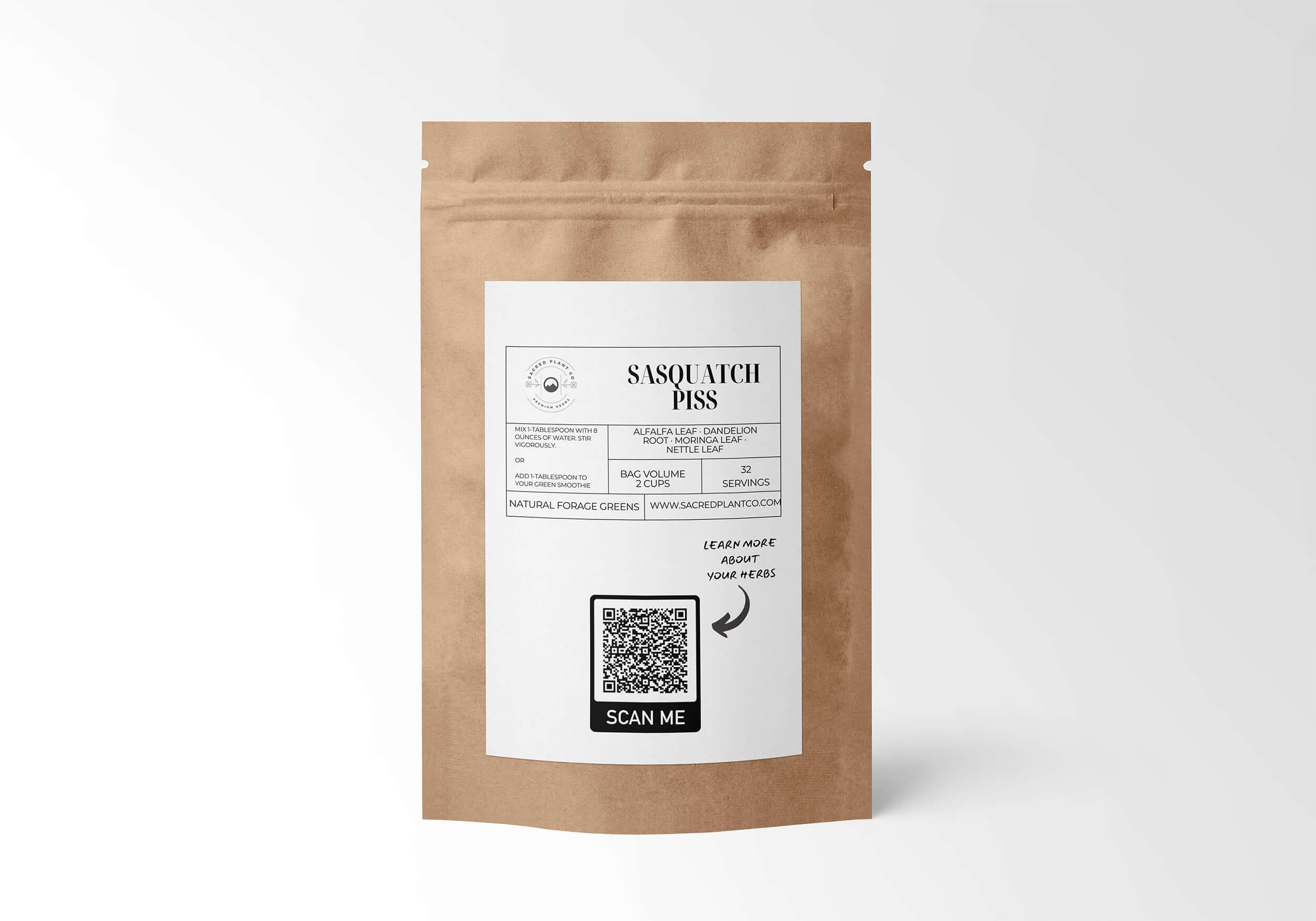 Eco-friendly kraft packaging of Sasquatch Piss primal green powder, packed with wild nutrition like Alfalfa, Moringa, and Dandelion for natural vitality.