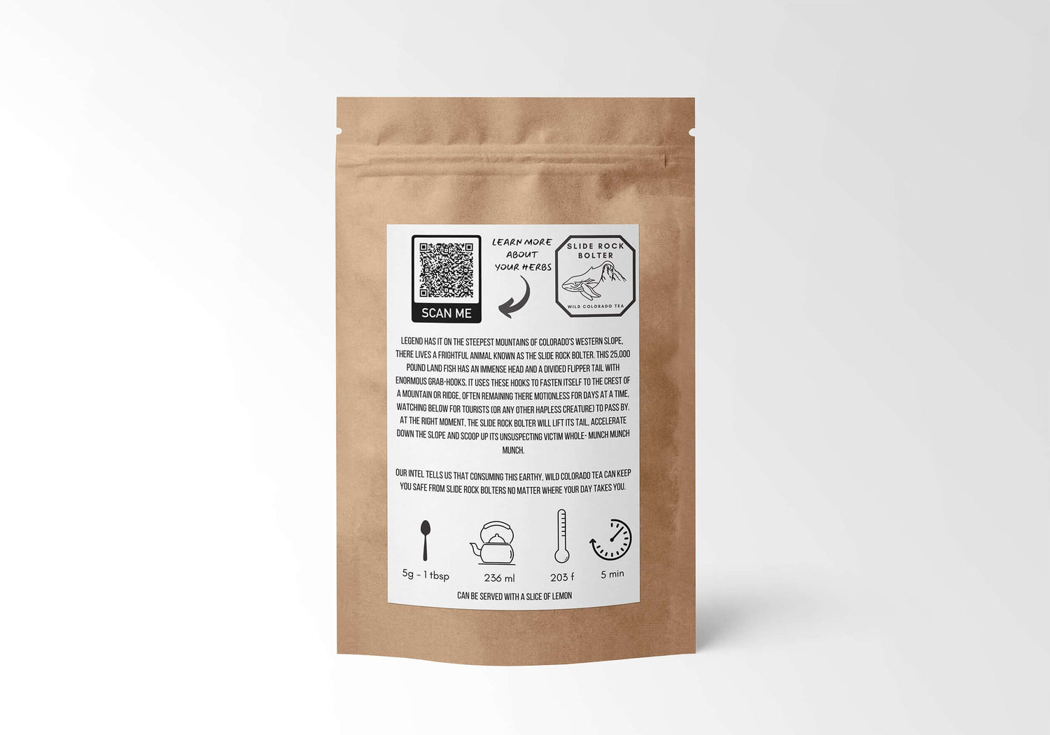Back of Sacred Plant Co’s Wild Colorado Tea kraft paper bag, showcasing sustainable packaging and brewing instructions and a QR code to scan to learn more about herbs.