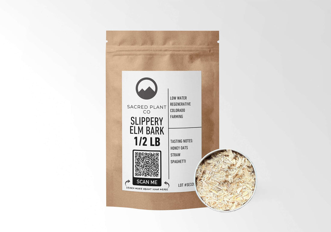 Sacred Plant Co Slippery Elm Bark 1/2 LB in kraft paper packaging with a sample in a silver tin, used for soothing the digestive tract, alleviating coughs, and promoting skin health.